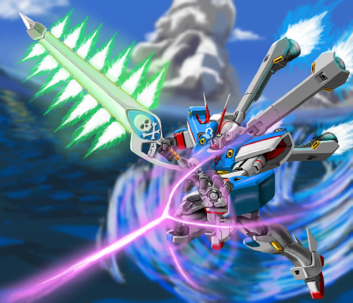 c (neta), magukappu, crossbone gundam x-3, crossbone gundam, gundam, energy beam, energy sword, flying, mecha, no humans, robot, skull and crossbones, solo, sword, weapon