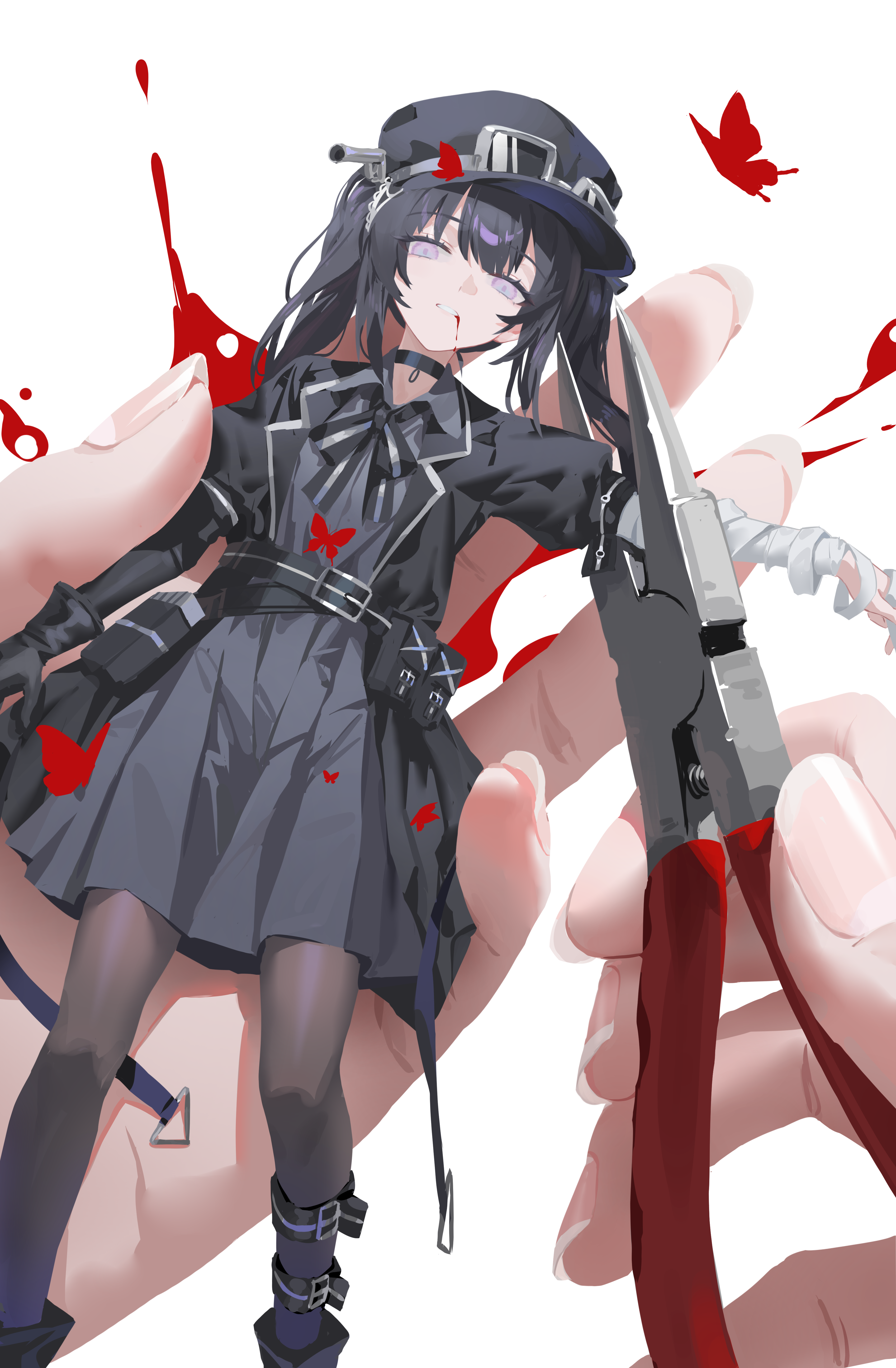 shortofsugar, mahou shoujo no majo saiban, absurdres, chinese commentary, commentary request, highres, 1girl, 1other, ammunition pouch, bandaged arm, bandages, belt, black belt, black choker, black dress, black gloves, black hair, black hat, black pantyhose, black ribbon, blood, blood from mouth, bug, butterfly, choker, dress, expressionless, fingernails, gloves, grey eyes, hat, holding pliers, in palm, insect, kurobe nanoka, long hair, looking at viewer, lying, magical girl, mini person, minigirl, neck ribbon, on back, pantyhose, pliers, pouch, red butterfly, ribbon, simple background, solo, solo focus, twintails, white background