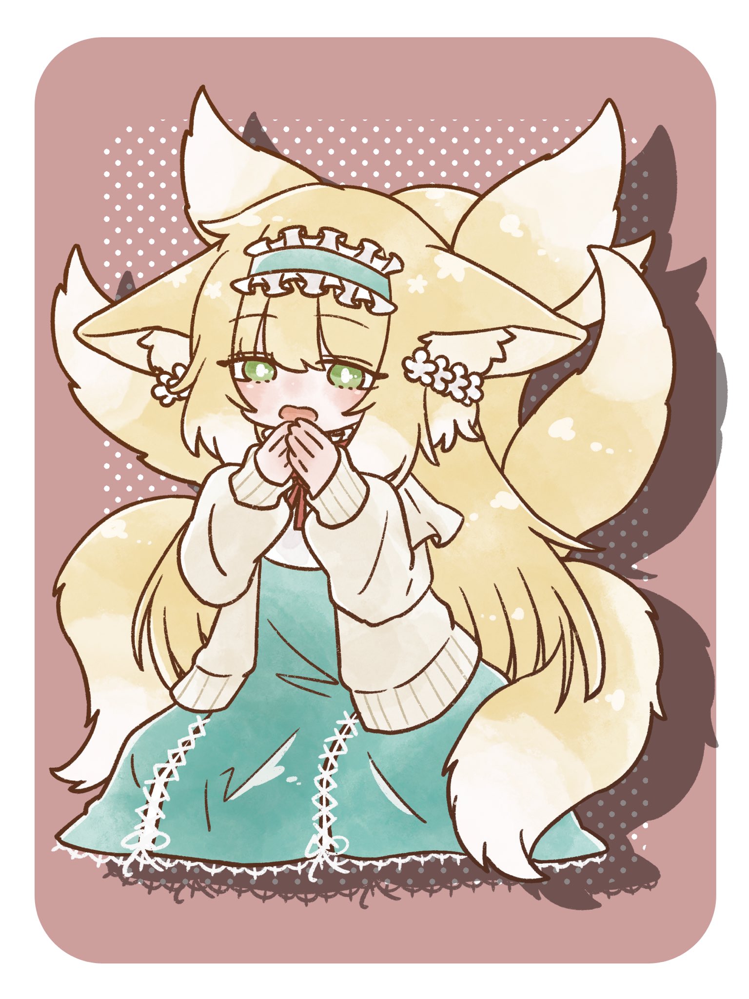nunnuje a u e, suzuran (arknights), suzuran (spring praise) (arknights), arknights, highres, 1girl, animal ears, blonde hair, cardigan, fox ears, fox girl, fox tail, frilled hairband, frills, green eyes, hairband, kitsune, kyuubi, long hair, long sleeves, multiple tails, neck ribbon, official alternate costume, open clothes, open mouth, ribbon, skirt, solo, tail