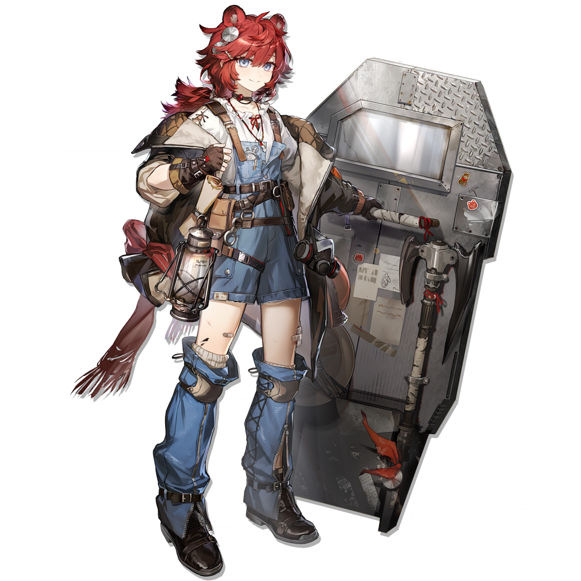 arknights, official art, third-party source, 1girl, animal ears, asymmetrical gloves, banque (edrukine), bear ears, bear girl, belt, belt pouch, black jacket, blue eyes, blue leg warmers, blue overalls, brown belt, brown gloves, closed mouth, fingerless gloves, full body, gloves, holding, holding shield, jacket, jewelry, knee pads, lantern, leg warmers, long hair, looking at viewer, low ponytail, mismatched gloves, open clothes, open jacket, overalls, pendant, ponytail, pouch, red hair, shield, shirt, simple background, single fingerless glove, smile, solo, standing, tachi-e, transparent background, vetochki (arknights), white shirt