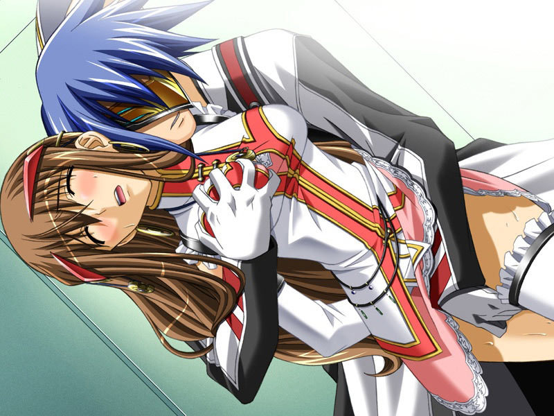 1boy, 1girl, blue hair, blush, breasts, brown hair, closed eyes, fingering, grabbing another's breast, groping, hetero, large breasts, panties, panty pull, underwear