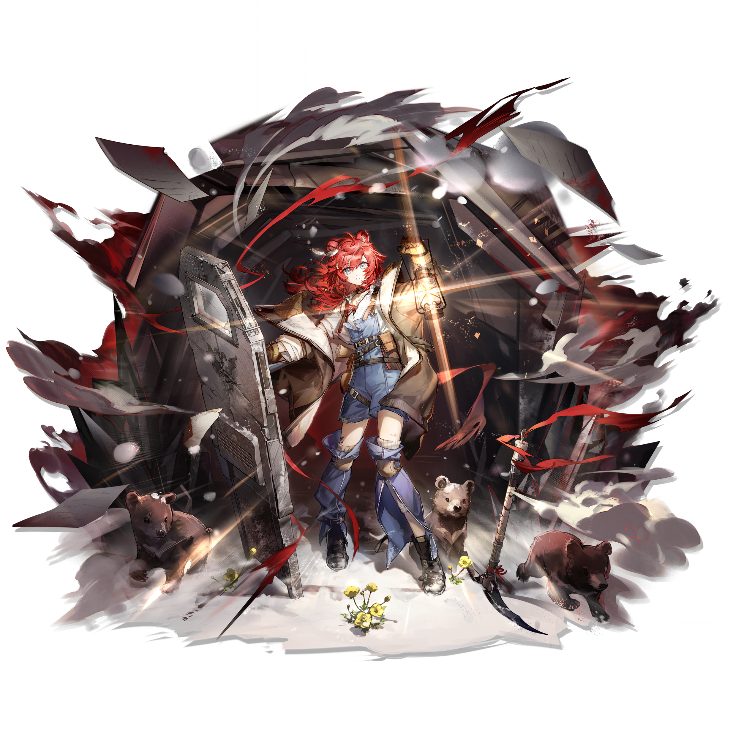 arknights, absurdres, highres, official art, third-party source, 1girl, animal, animal ears, banque (edrukine), bear, bear ears, bear girl, belt, belt pouch, black belt, blue eyes, blue leg warmers, blue overalls, brown gloves, brown jacket, floating hair, flower, full body, gloves, hair down, holding, holding lantern, holding shield, jacket, jewelry, knee pads, lantern, leg warmers, long hair, looking at viewer, open clothes, open jacket, overalls, parted lips, pendant, pouch, red hair, scroll, shield, shirt, simple background, smile, solo, standing, transparent background, vetochki (arknights), white shirt, wind, yellow flower