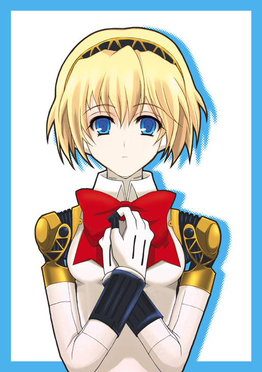 megumi ryouko, aigis (persona), atlus, persona, persona 3, 1girl, android, blonde hair, blue eyes, bow, female focus, ribbon, short hair, solo