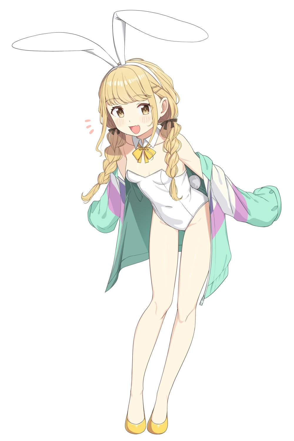 saiste, fujita kotone, gakuen idolmaster, idolmaster, highres, 1girl, animal ear hairband, animal ears, bare legs, bare shoulders, blonde hair, bow, bowtie, braid, breasts, cleavage, covered navel, detached collar, fake animal ears, fake tail, fang, french braided twintails, hair ribbon, hairband, highleg, jacket, leotard, long hair, low twin braids, multicolored jacket, off shoulder, open clothes, open jacket, open mouth, playboy bunny, rabbit ear hairband, rabbit ears, rabbit tail, ribbon, simple background, sleeves past fingers, sleeves past wrists, small breasts, solo, strapless, strapless leotard, tail, twin braids, white background, yellow eyes