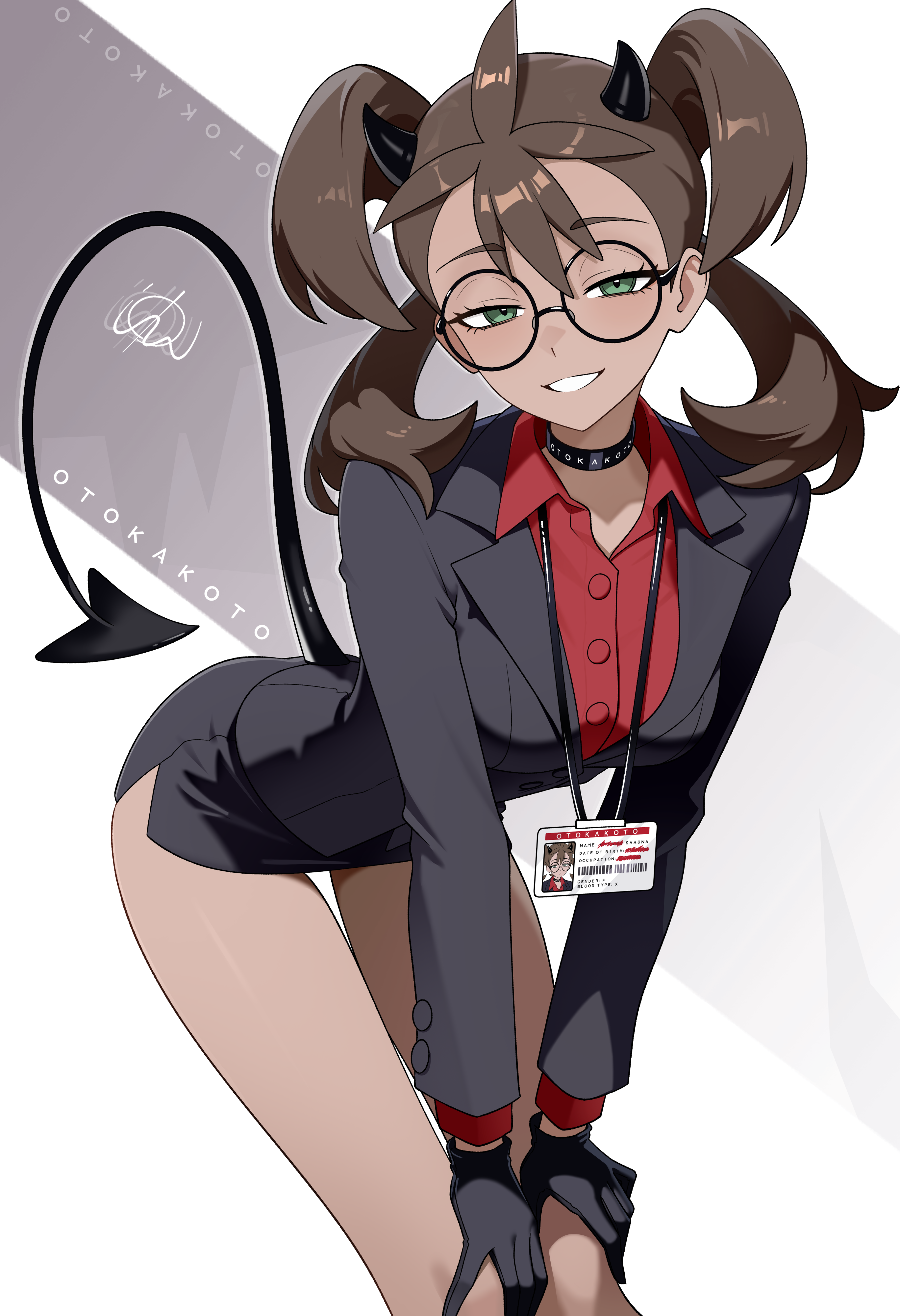 otokakoto, pandemonica (helltaker), shauna (pokemon), helltaker, nintendo, pokemon, pokemon xy, absurdres, highres, 1girl, bent over, black choker, black gloves, brown hair, choker, cosplay, dark-skinned female, dark skin, demon girl, demon horns, demon tail, glasses, gloves, green eyes, grin, horns, id card, lanyard, looking at viewer, miniskirt, office lady, pandemonica (helltaker) (cosplay), pencil skirt, red shirt, round eyewear, shirt, skirt, smile, solo, tail, thighs