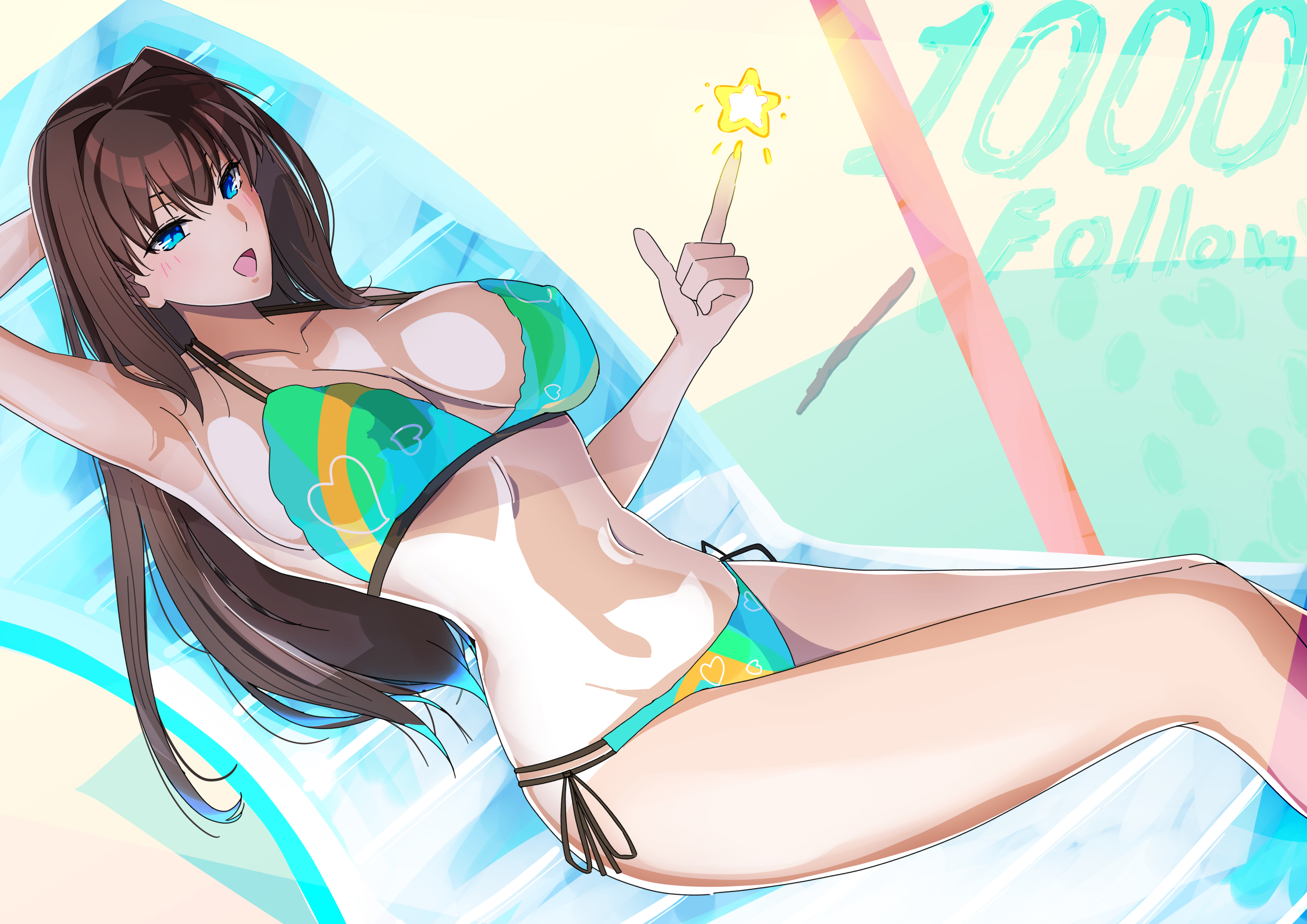huhun, aozaki aoko, mahou tsukai no yoru, absurdres, commentary request, highres, 1girl, arm behind head, bikini, blue eyes, breasts, brown hair, cleavage, green bikini, hair intakes, large breasts, long hair, milestone celebration, navel, side-tie bikini bottom, solo, star (symbol), swimsuit