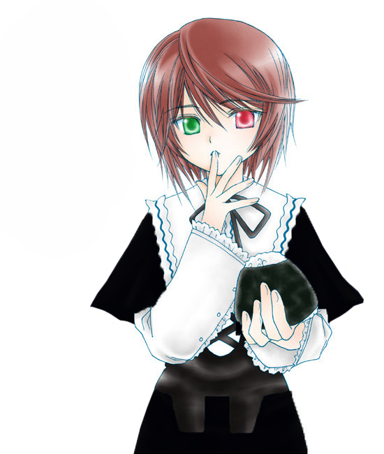 boku, souseiseki, rozen maiden, 00s, 1girl, boku in black, brown hair, female focus, heterochromia, short hair, simple background, solo