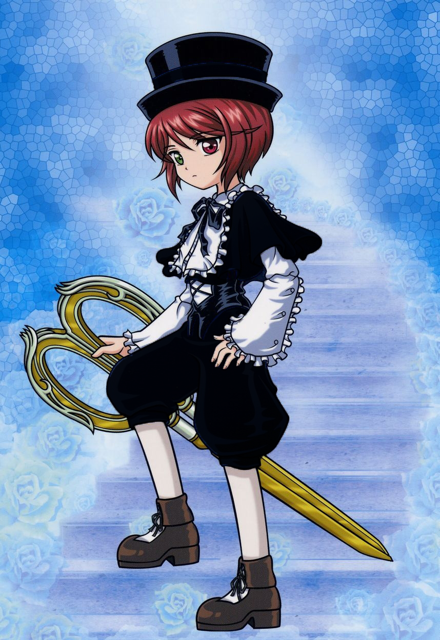 souseiseki, rozen maiden, highres, 00s, 1girl, boku in black, brown hair, female focus, hat, heterochromia, scissors, short hair, solo