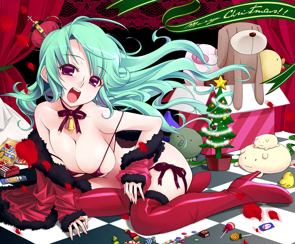 tomomimi shimon, original, 1girl, aqua hair, bell, bikini, boots, breasts, candy, choker, christmas, collar, crown, female focus, food, kneeling, large breasts, long hair, neck bell, open mouth, panties, pink eyes, pocky, purple eyes, ribbon, side-tie panties, smile, solo, stuffed animal, stuffed toy, swimsuit, teddy bear, thigh boots, thighhighs, underwear