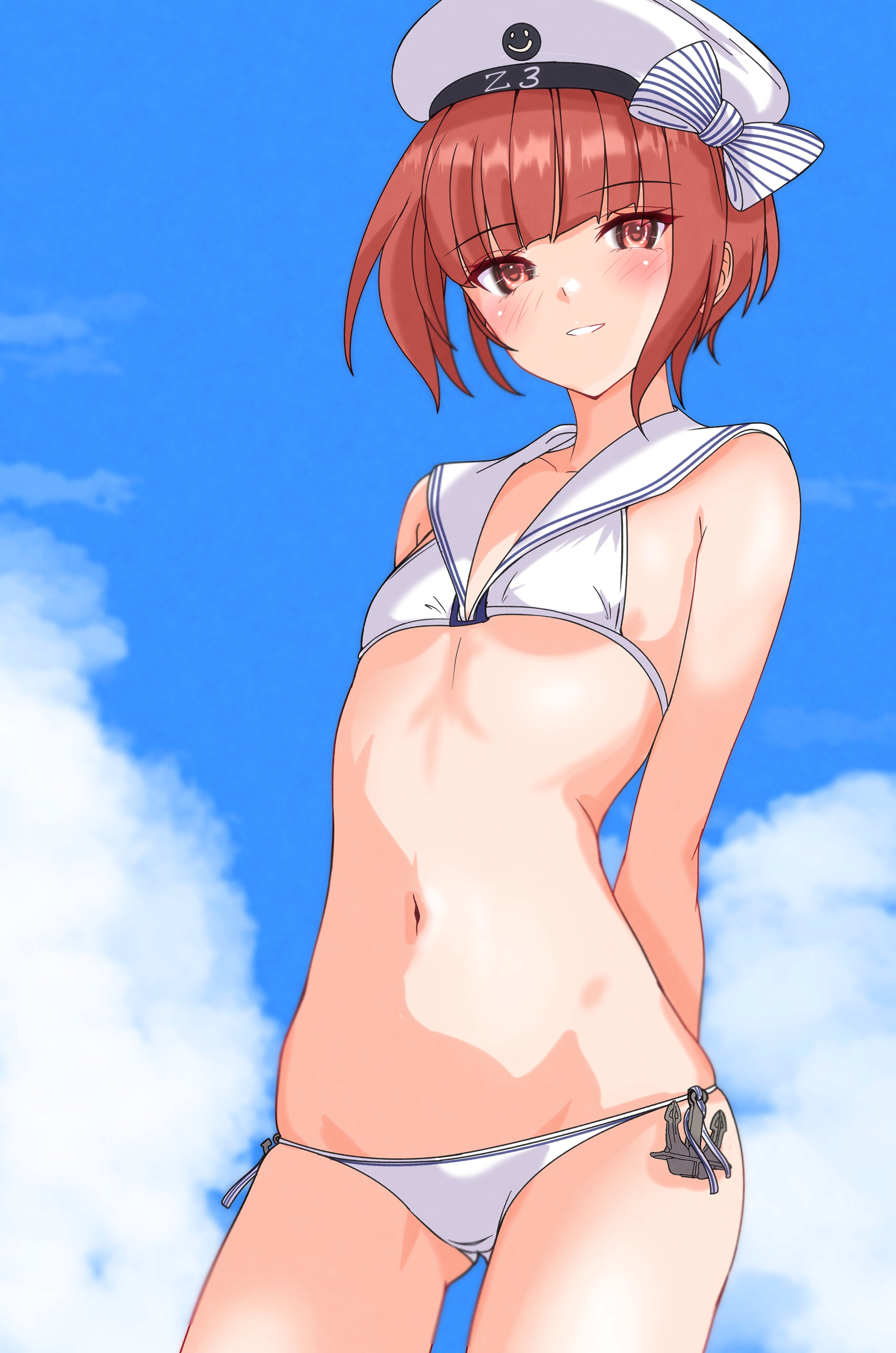 nitamako (sakamalh), z3 max schultz (kancolle), z3 max schultz (swimsuit) (kancolle), kantai collection, absurdres, highres, 1girl, anchor ornament, arms behind back, bikini, blue sky, blunt bangs, brown eyes, brown hair, clothes writing, cloud, contrapposto, gluteal fold, hat, lowleg, lowleg bikini, sailor bikini, sailor collar, sailor hat, short hair, side-tie bikini bottom, sky, solo, swimsuit, white bikini, white hat, white sailor collar