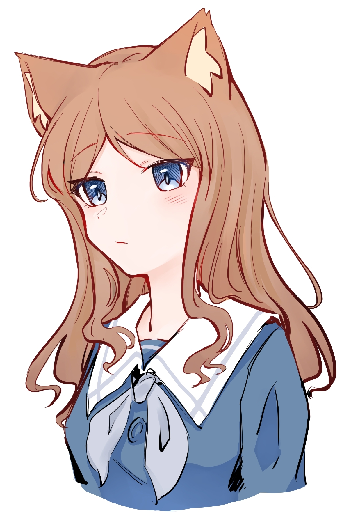 nagasaki soyo, bang dream!, bang dream! it's mygo!!!!!, commentary request, highres, 1girl, animal ear fluff, animal ears, blue eyes, blue shirt, brown hair, cat ears, cat girl, chibi, grey neckerchief, kemonomimi mode, kui ckuqiz, long hair, neckerchief, school uniform, shirt, sidelocks, simple background, solo, tsukinomori school uniform, upper body, white background
