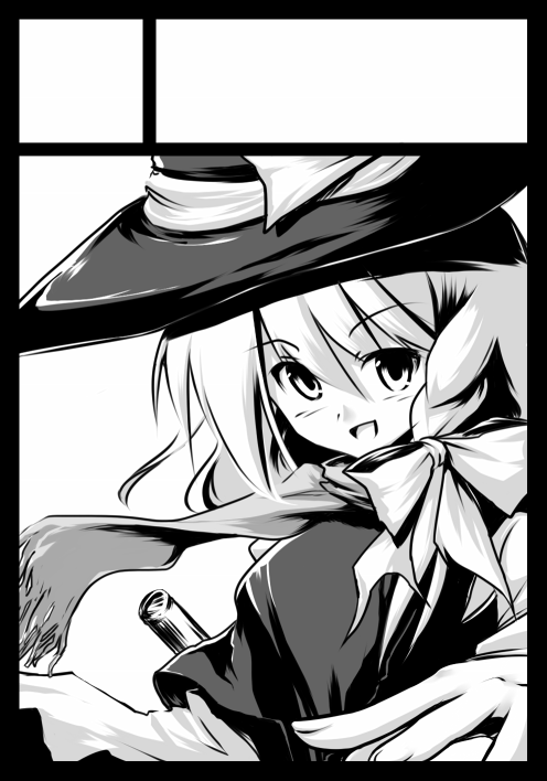 date hajime, kirisame marisa, perfect cherry blossom, touhou, 1girl, black border, border, circle cut, female focus, greyscale, hat, monochrome, scarf, solo, witch, witch hat
