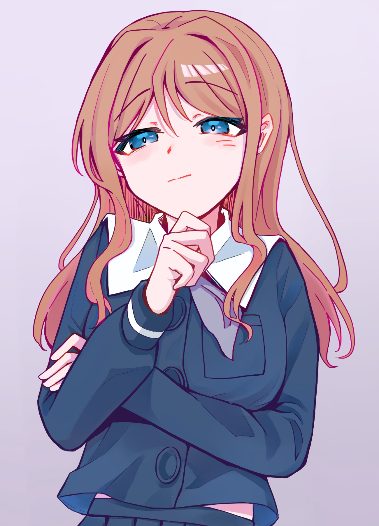 nagasaki soyo, bang dream!, bang dream! it's mygo!!!!!, commentary, highres, 1girl, blue eyes, blue shirt, blue skirt, blush, brown hair, closed mouth, grey background, grey neckerchief, hand on own chin, kui ckuqiz, long hair, long sleeves, neckerchief, pleated skirt, school uniform, shirt, sidelocks, skirt, solo, tsukinomori school uniform