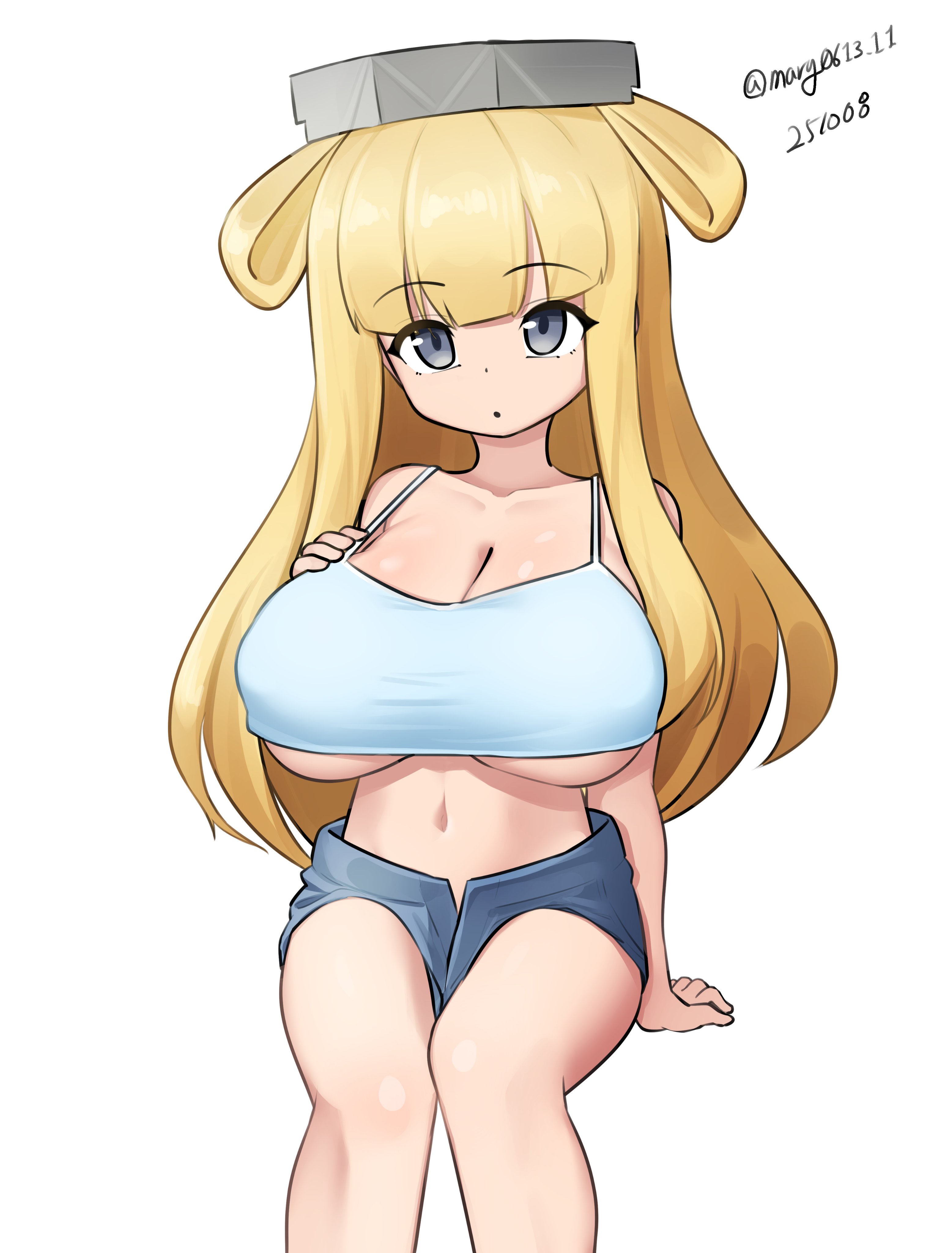 maru (marg0613), fletcher (kancolle), fletcher mk ii (kancolle), kantai collection, absurdres, highres, 1girl, blonde hair, blue camisole, blue shorts, breasts, camisole, denim, denim shorts, double bun, feet out of frame, folded hair, grey eyes, hair bun, hand on own chest, headgear, huge breasts, invisible chair, one-hour drawing challenge, shorts, simple background, sitting, solo, white background