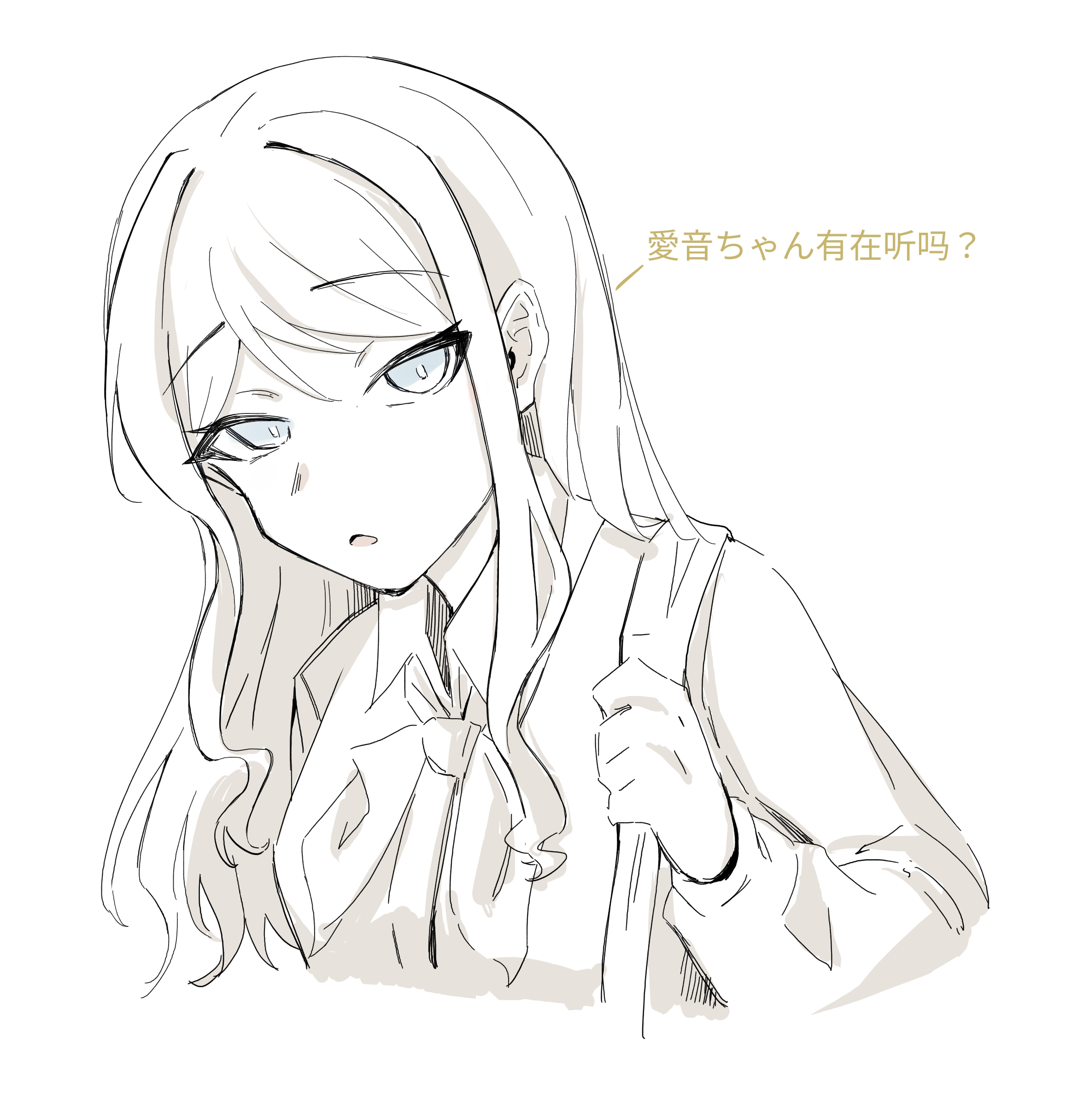 nagasaki soyo, bang dream!, bang dream! it's mygo!!!!!, absurdres, commentary, highres, 1girl, blue eyes, breasts, chinese text, greyscale, kui ckuqiz, monochrome, open mouth, school uniform, sidelocks, simple background, solo, spot color, tsukinomori school uniform, upper body, white background