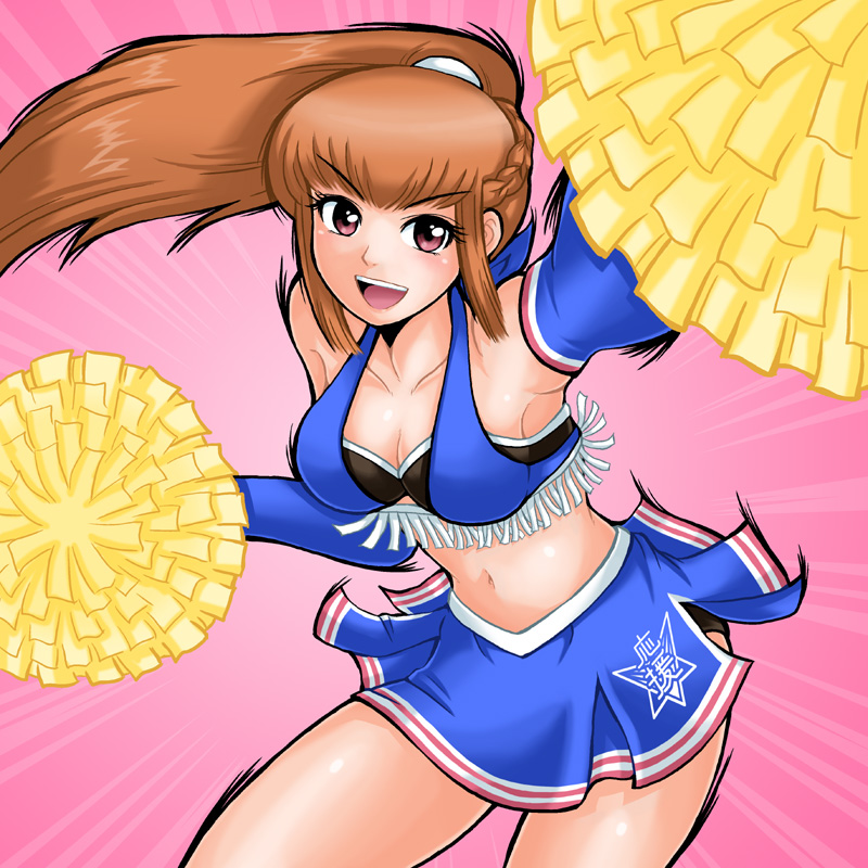 hamu agaki, amemiya sayaka, osu! tatakae! ouendan, 1girl, blush, breasts, brown hair, cheerleader, cleavage, female focus, medium breasts, midriff, navel, open mouth, ouendan, pink eyes, pom pom (cheerleading), smile, solo