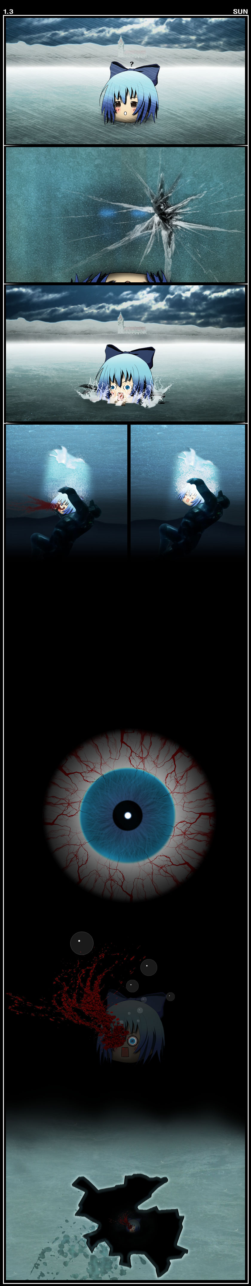 sun (artist), sam fisher, yukkuri cirno, splinter cell, touhou, absurdres, highres, long image, tall image, blood, comic, death, eye loss, ice, ninja, scarlet devil mansion, silent comic, yukkuri shiteitte ne