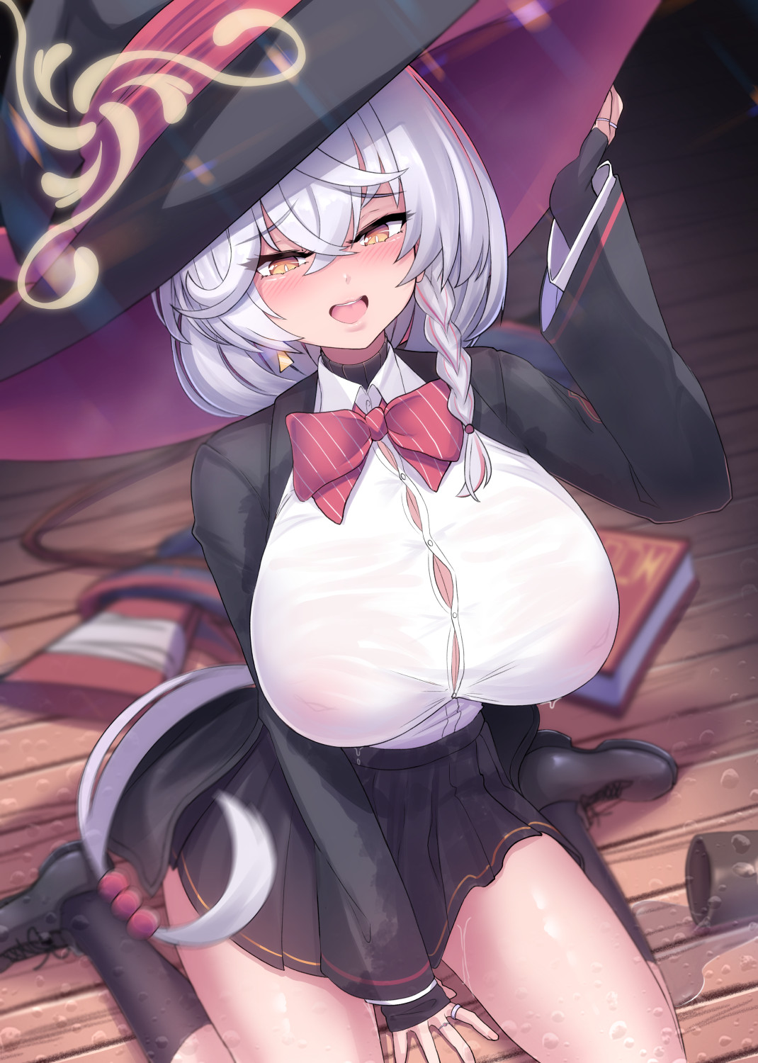 kazukoto, eri (blue archive), blue archive, commentary, english commentary, highres, 1girl, black coat, black shoes, black skirt, black socks, blush, book, bow, bowtie, breasts, coat, covered erect nipples, halo, hat, inverted nipples, large breasts, long hair, open mouth, orange hair, red bow, red bowtie, school uniform, see-through clothes, shirt, shoes, sitting, skirt, socks, solo, spill, thighs, very long hair, wariza, wet, wet clothes, white shirt, witch hat, wooden floor, yellow halo