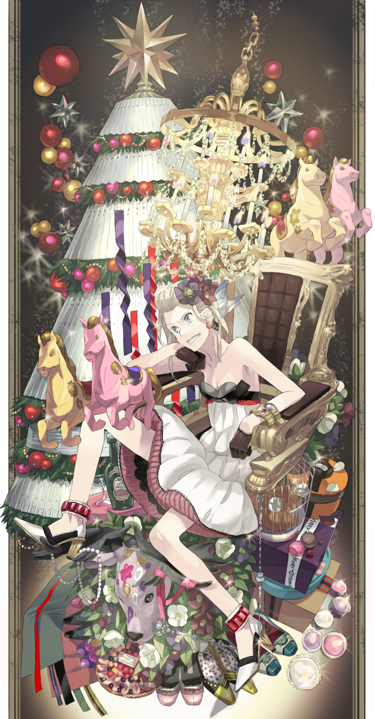 nishihara isao, bad id, bad pixiv id, highres, absurdly detailed composition, angry, bare shoulders, chair, chandelier, christmas ornaments, christmas tree, dress, flat chest, flower, gem, gift, gloves, hair flower, hair ornament, high heels, loaded interior, reindeer, shoes