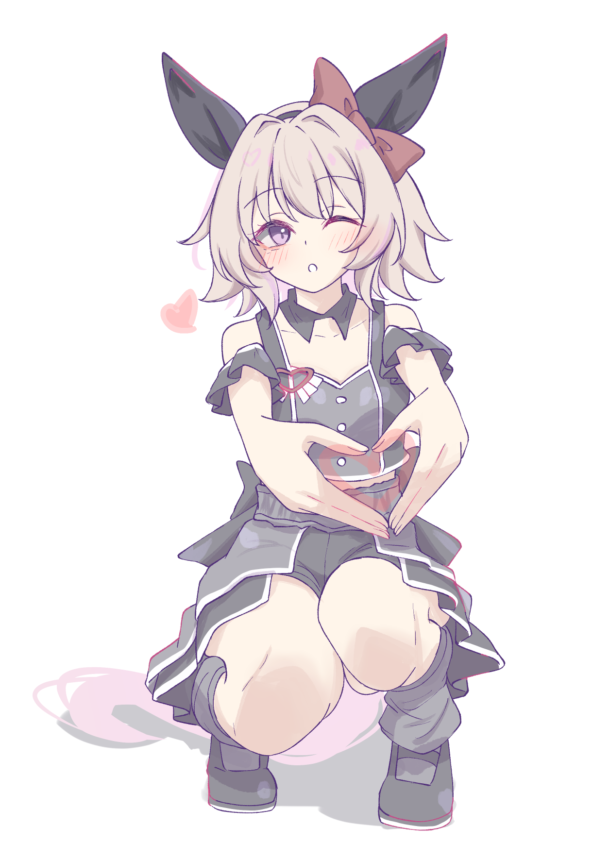 tofu thunder, curren chan (umamusume), umamusume, commentary, highres, 1girl, animal ears, black hairband, black shirt, black shoes, black shorts, black skirt, black socks, blush, bow, breasts, clothing cutout, collarbone, cropped shirt, detached collar, ear bow, ear covers, ear ornament, grey hair, hair between eyes, hairband, heart, heart hands, horse ears, horse girl, horse tail, looking at viewer, loose socks, meni shuki rush-sshu!, one eye closed, open mouth, parted lips, purple eyes, red bow, shirt, shoes, short hair, shorts, shoulder cutout, simple background, skirt, socks, solo, squatting, tail, thighs, white background