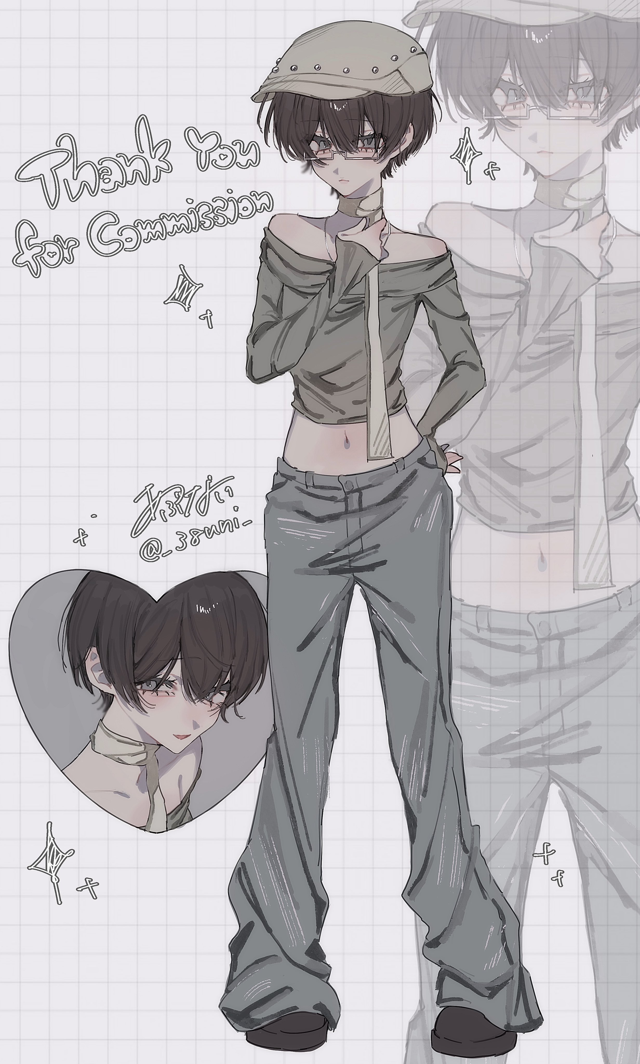 original, absurdres, commission, highres, 1girl, 38uii, adjusting scarf, androgynous, blue eyes, blush, brown hair, drawn sparkle, eyelashes, full body, grid background, hand on own hip, heart frame, jewelry, loose pants, midriff, navel, necklace, off-shoulder shirt, off shoulder, oversized object, rectangular eyewear, scarf, semi-rimless eyewear, shirt, short hair, signature, smile, solo, studded hat, thank you, twitter username