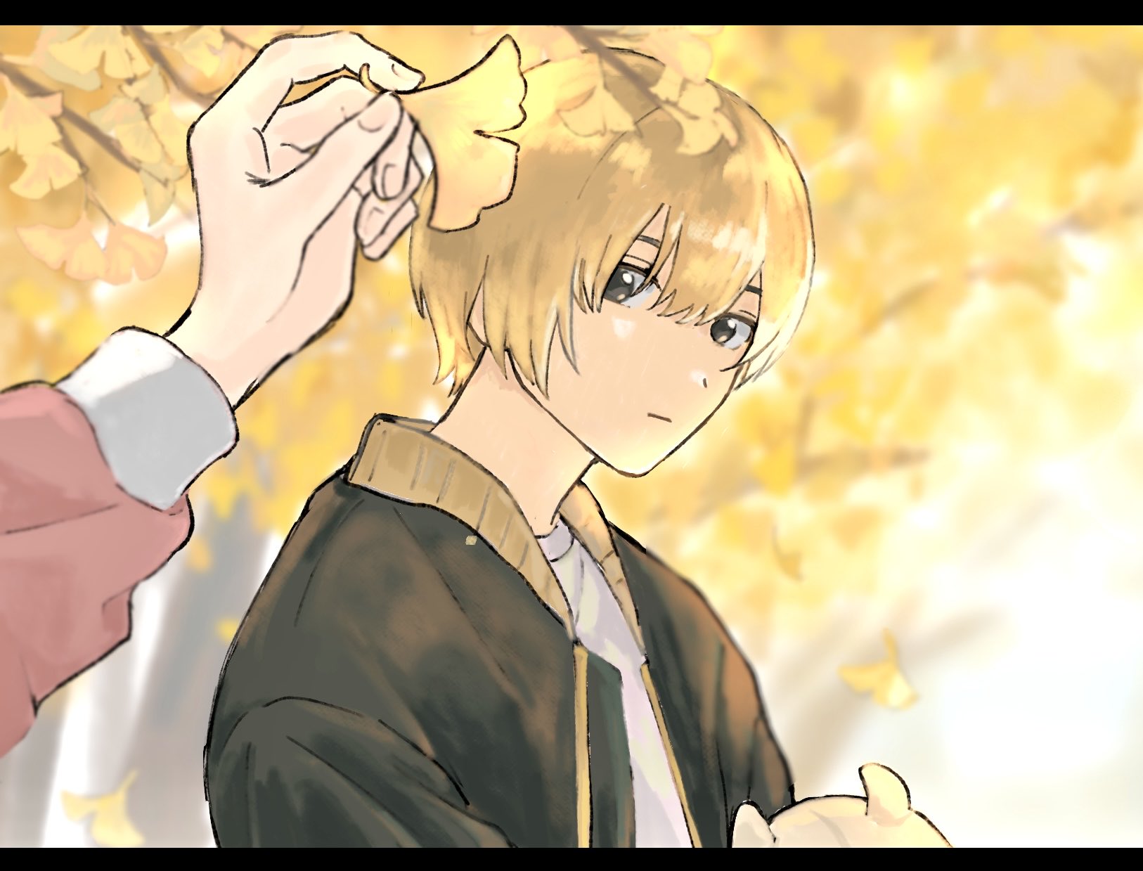 fukagawa mahiro, sugimoto chisato, baby walkure, commentary request, highres, 2girls, autumn leaves, black eyes, black jacket, blonde hair, closed mouth, female pov, jacket, leaf, looking at viewer, multiple girls, neppatsu (swdha3006), pov, shirt, short hair, upper body, white shirt