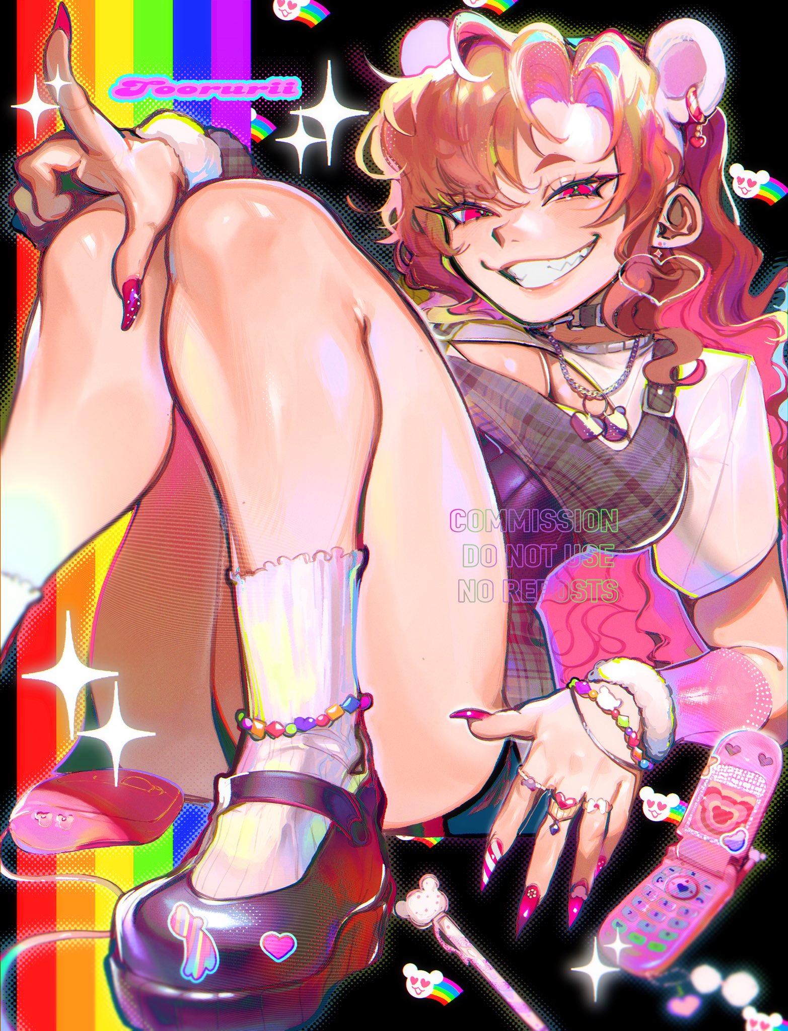 torurii, original, commentary, commission, highres, symbol-only commentary, 1girl, animal ears, bead bracelet, beads, bear ears, black background, black shoes, bracelet, breasts, brown hair, cellphone, cleavage, computer mouse, dress, earrings, fingernails, flip phone, grin, heart, heart earrings, heart necklace, jewelry, long fingernails, long hair, looking at viewer, mary janes, medium breasts, necklace, pendant, phone, red eyes, sharp teeth, shoes, simple background, sitting, smile, socks, solo, sticker, teeth, watermark, wavy hair, white socks