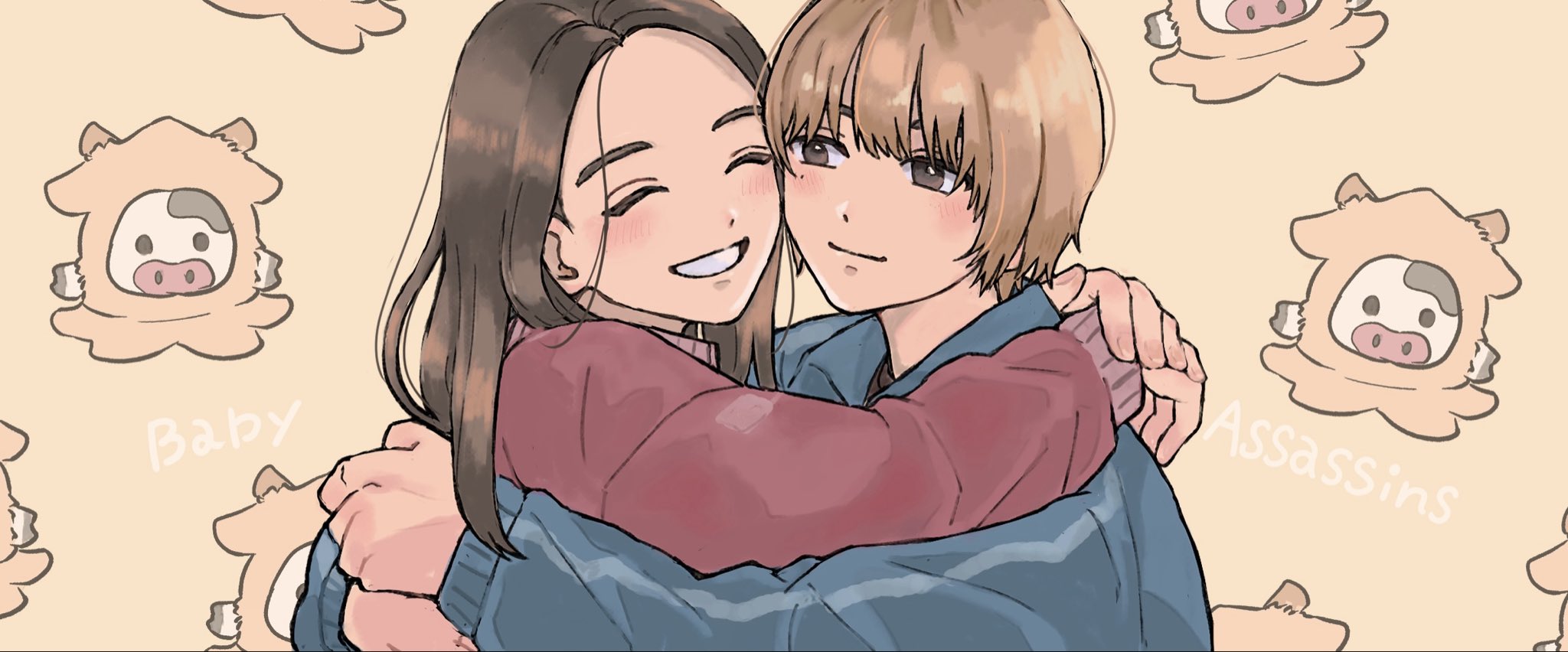 fukagawa mahiro, sugimoto chisato, baby walkure, commentary request, highres, 2girls, black eyes, black hair, blonde hair, blue jacket, blush, closed eyes, hug, jacket, long hair, long sleeves, mole, mole under eye, multiple girls, neppatsu (swdha3006), red jacket, short hair, upper body, yuri