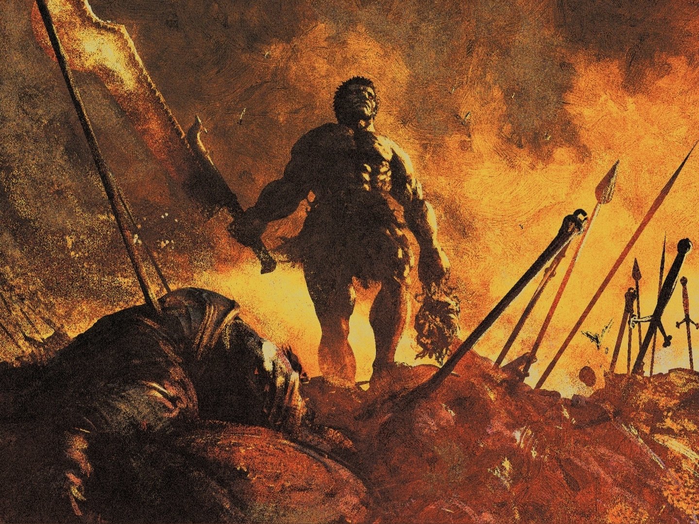 anato finnstark, zodd (berserk), berserk, commentary, english commentary, 1boy, after battle, battle, battlefield, black hair, closed mouth, corpse, death, decapitation, demon, field of blades, fog, greatsword, holding, holding sword, holding weapon, huge weapon, monster, no armor, orange theme, red eyes, short hair, sword, topless male, war, weapon