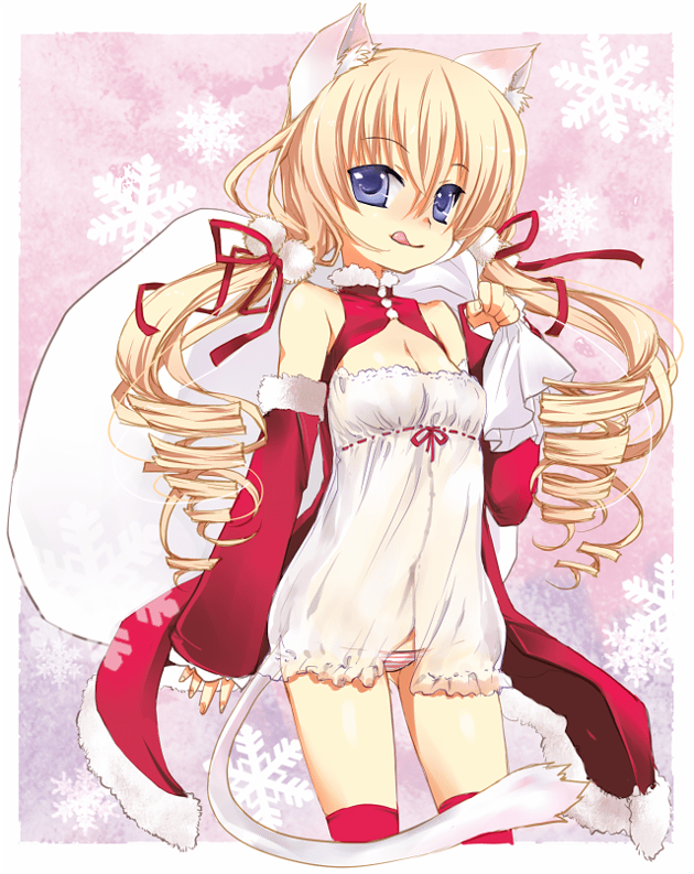 mofmof (sousa), 1girl, :q, animal ears, blonde hair, blue eyes, cat ears, cat tail, detached sleeves, drill hair, female focus, long hair, lowleg, lowleg panties, panties, solo, striped clothes, striped panties, tail, thighhighs, tongue, tongue out, twintails, underwear