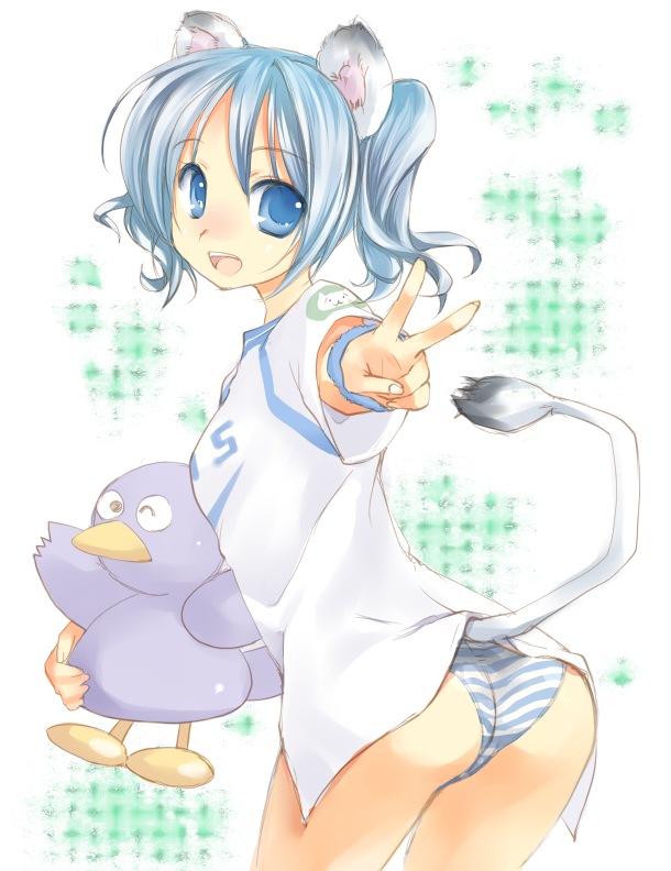 mofmof (sousa), lina (seibu lions), nippon professional baseball, original, saitama seibu lions, 1girl, animal ears, ass, blue eyes, blue hair, female focus, panties, personification, short hair, solo, striped clothes, striped panties, tail, underwear, v