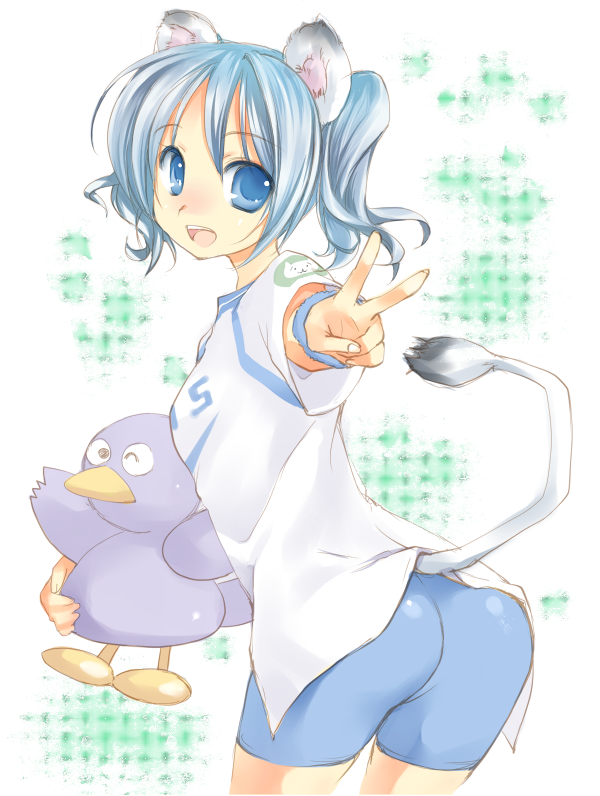 mofmof (sousa), lina (seibu lions), nippon professional baseball, original, saitama seibu lions, 1girl, animal ears, bike shorts, blue eyes, blue hair, female focus, matching hair/eyes, personification, short hair, solo, tail, v