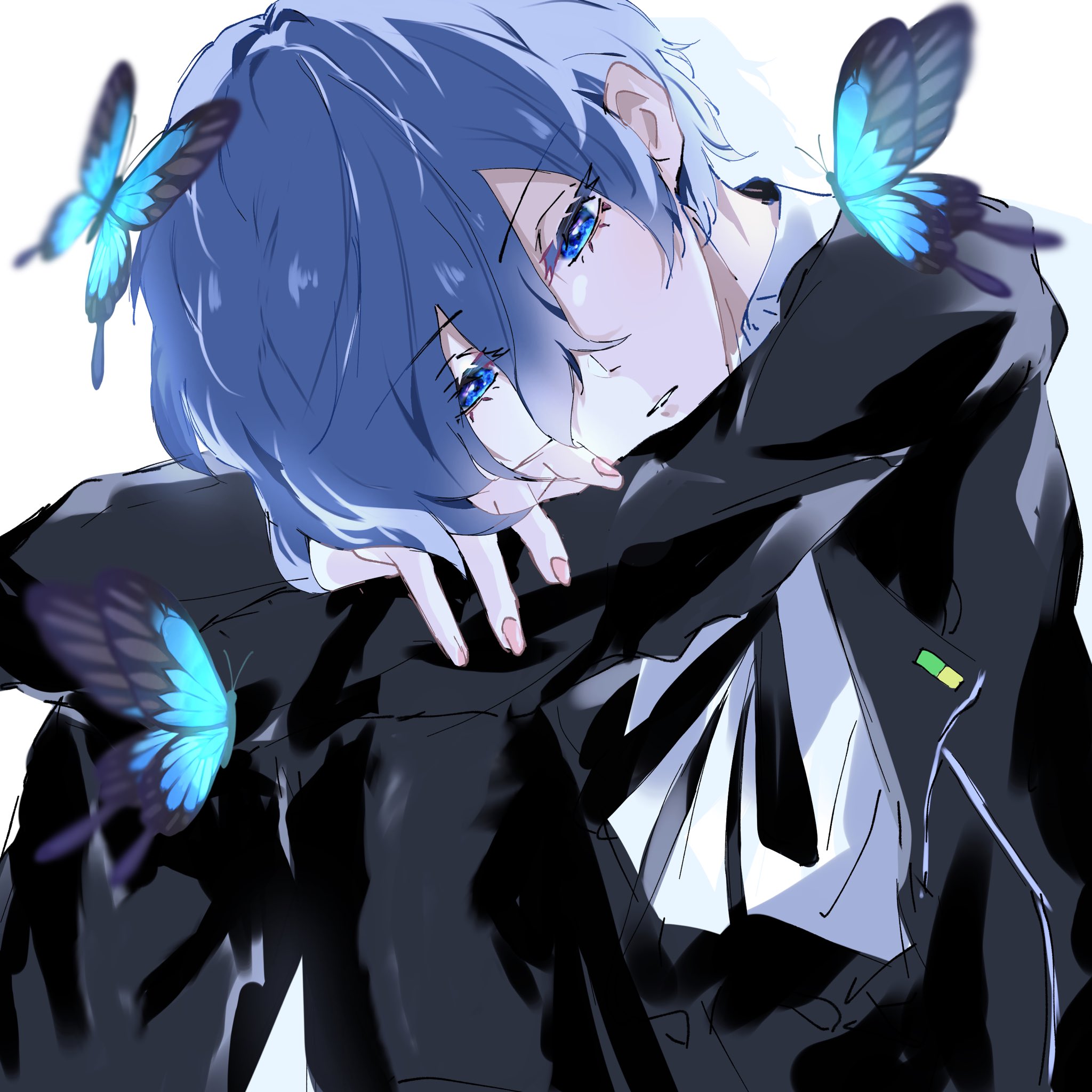 yuuki makoto (persona 3), persona, persona 3, commentary, highres, symbol-only commentary, 1boy, arms on knees, black jacket, blue butterfly, blue eyes, blue hair, bug, butterfly, crossed arms, feet out of frame, fingernails, gekkoukan high school uniform, hair between eyes, head rest, head tilt, insect, jacket, kaito ikeuchi, knees up, looking at viewer, male focus, open clothes, open jacket, parted lips, school uniform, shadow, shirt, short hair, sketch, solo, white background, white shirt