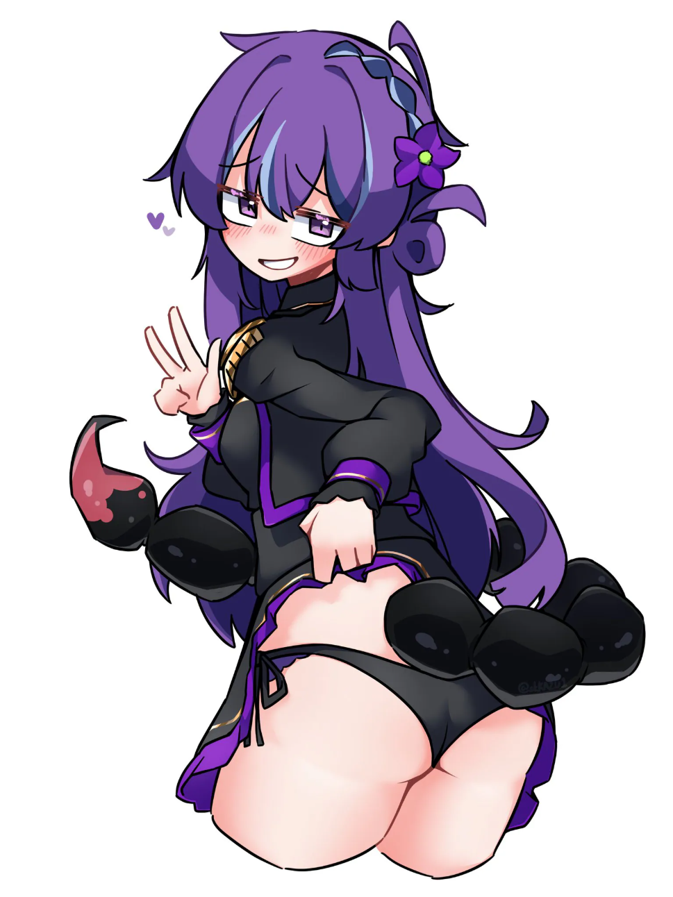 skkazu1, original, highres, non-web source, 1girl, arthropod girl, ass, black panties, blush, breasts, cropped legs, flower, from behind, grin, hair between eyes, hair flower, hair ornament, heart, jacket, lifting own clothes, long hair, long sleeves, looking at viewer, looking back, naughty face, panties, purple eyes, purple hair, scorpion girl, scorpion tail, side-tie panties, simple background, skirt, small breasts, smile, soleil lacryma, solo, tail, underwear, v, very long hair, white background