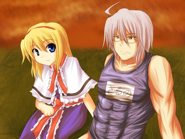 ni (ippozenshin), alice margatroid, cirno, mannosuke, morichika rinnosuke, touhou, translation request, 1boy, 1girl, abs, ahoge, arm support, bad anatomy, bare shoulders, blonde hair, blue eyes, cirno (cosplay), cosplay, couple, dusk, glasses, grass, grey hair, hairband, muscular, one-piece swimsuit, parody, poorly drawn, school swimsuit, see-through clothes, serious, short hair, sitting, smile, sunset, swimsuit, twilight, yellow eyes