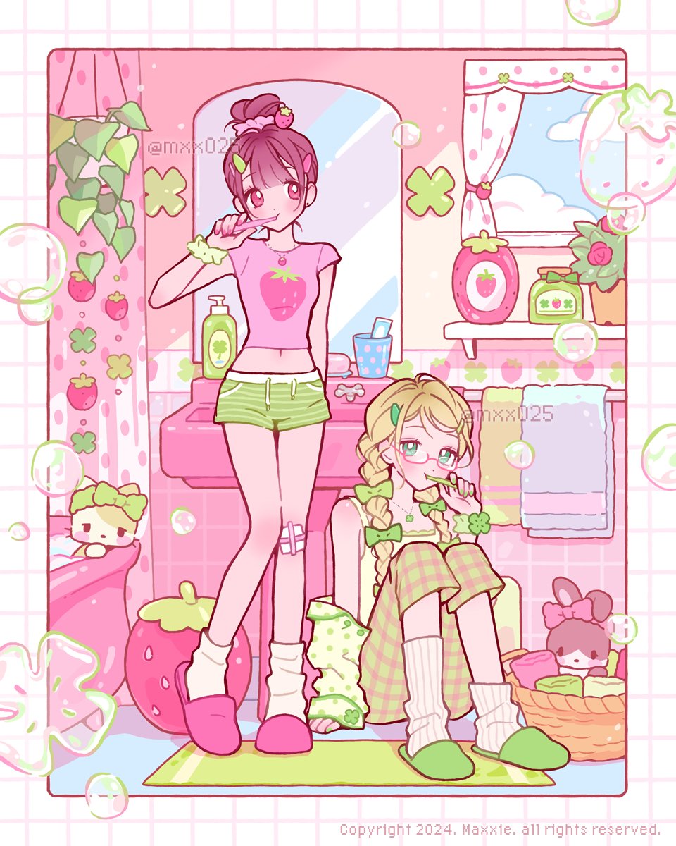 mxx025, original, commentary request, highres, korean commentary, 2girls, basket, bathroom, bathtub, blonde hair, bow, bracelet, braid, brown hair, brushing teeth, bubble, camisole, cat, clover print, food, food print, fruit, fruit print, glasses, green bow, green eyes, green shorts, green slippers, hair bow, hair bun, indoors, jewelry, long hair, looking at viewer, low twin braids, midriff, mirror, multiple girls, navel, pants, pink shirt, pink slippers, plaid clothes, plaid pants, plant, potted plant, rabbit, red eyes, shirt, shorts, single hair bun, sink, sitting, slippers, socks, standing, strawberry, strawberry print, striped clothes, striped shorts, towel, twin braids, white socks, window, yellow camisole