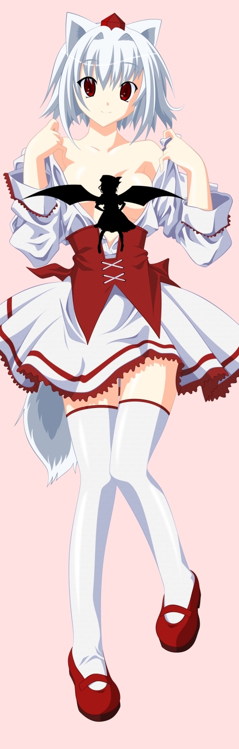 inubashiri momiji, remilia scarlet, touhou, highres, long image, tall image, 2girls, censored, convenient censoring, dakimakura (medium), female focus, full body, mary janes, multiple girls, shoes, silhouette, thighhighs