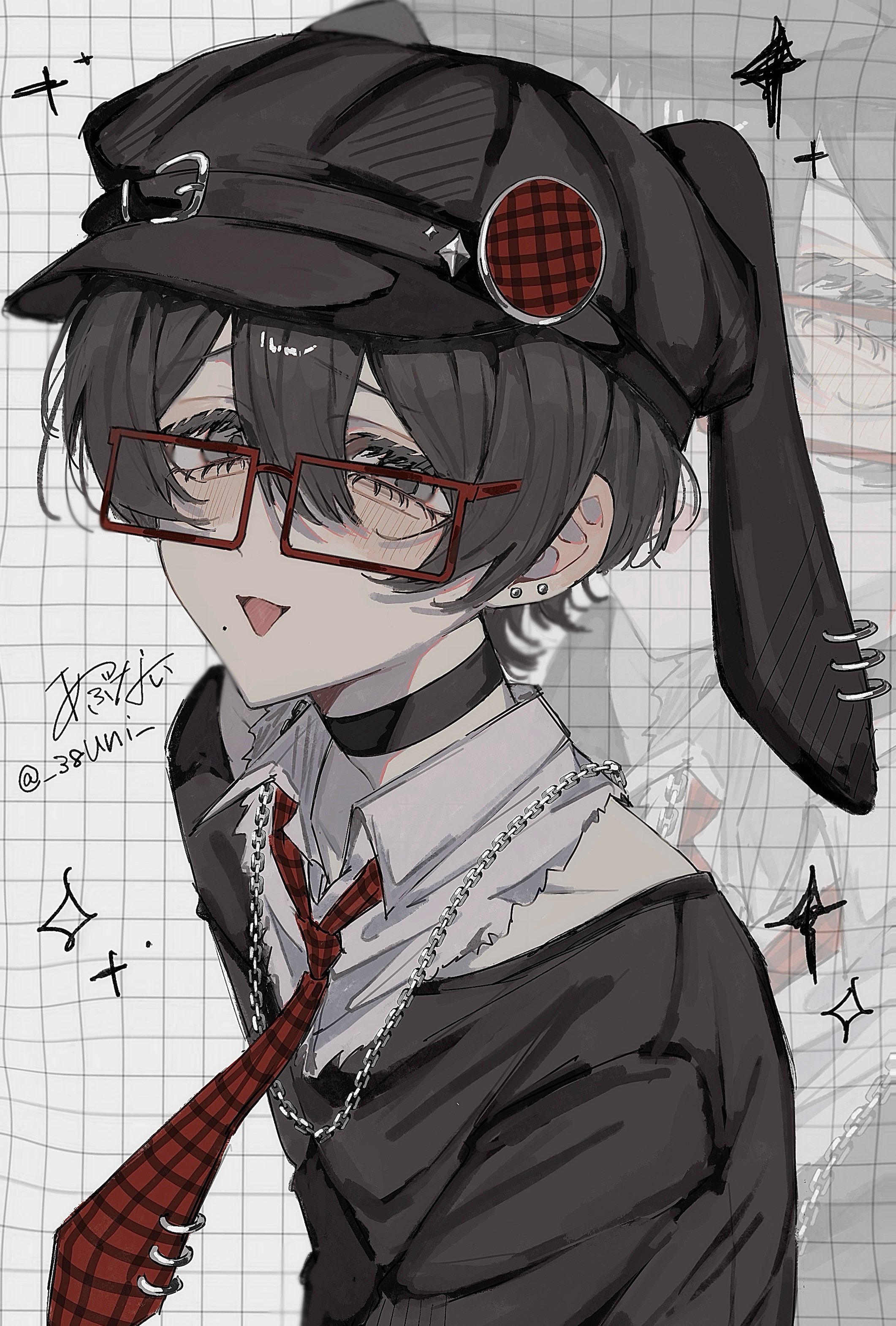 original, absurdres, highres, 1boy, 38uii, animal ears, bishounen, black choker, black hair, blush, chain, chain necklace, choker, drawn sparkle, eyelashes, glasses, grey eyes, grid background, jewelry, lop rabbit ears, male focus, necklace, necktie, plaid clothes, plaid necktie, rabbit ear hat, rabbit ears, rectangular eyewear, short hair, signature, smile, solo, triangle mouth, upper body
