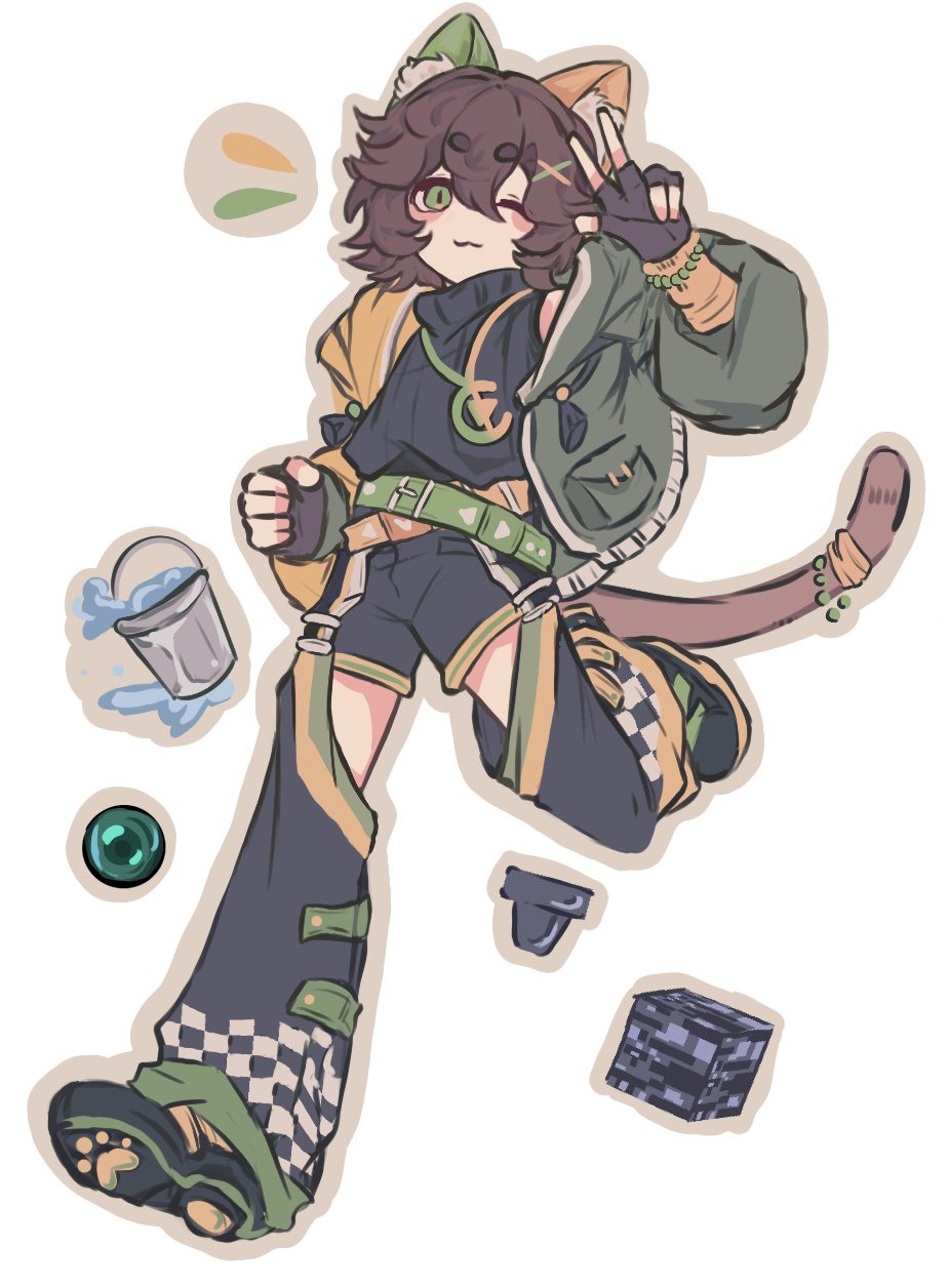 michael28472610, minecraft, minecraft youtube, clothing request, commentary, highres, symbol-only commentary, 1boy, :3, animal ears, animification, belt, bishounen, black gloves, block (minecraft), block (object), brown hair, bucket, cat boy, cat ears, cat tail, ender pearl, fingerless gloves, flipped sidelocks, full body, gloves, green belt, green eyes, hood, hooded jacket, jacket, kenadian, looking at viewer, male focus, multiple belts, one eye closed, orange belt, paw shoes, short hair, simple background, smile, solo, streetwear, tachi-e, tail, v, water, waving, white background