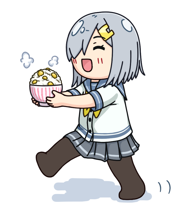 hama! (3toshinhmkz), hamakaze (kancolle), kantai collection, commentary request, 1girl, black pantyhose, bowl, chestnut, closed eyes, full body, grey hair, grey sailor collar, grey skirt, hair ornament, hair over one eye, hairclip, neckerchief, no nose, open mouth, pantyhose, pleated skirt, rice, rice bowl, sailor collar, school uniform, serafuku, short hair, simple background, skirt, smile, solo, walking, white background, yellow neckerchief