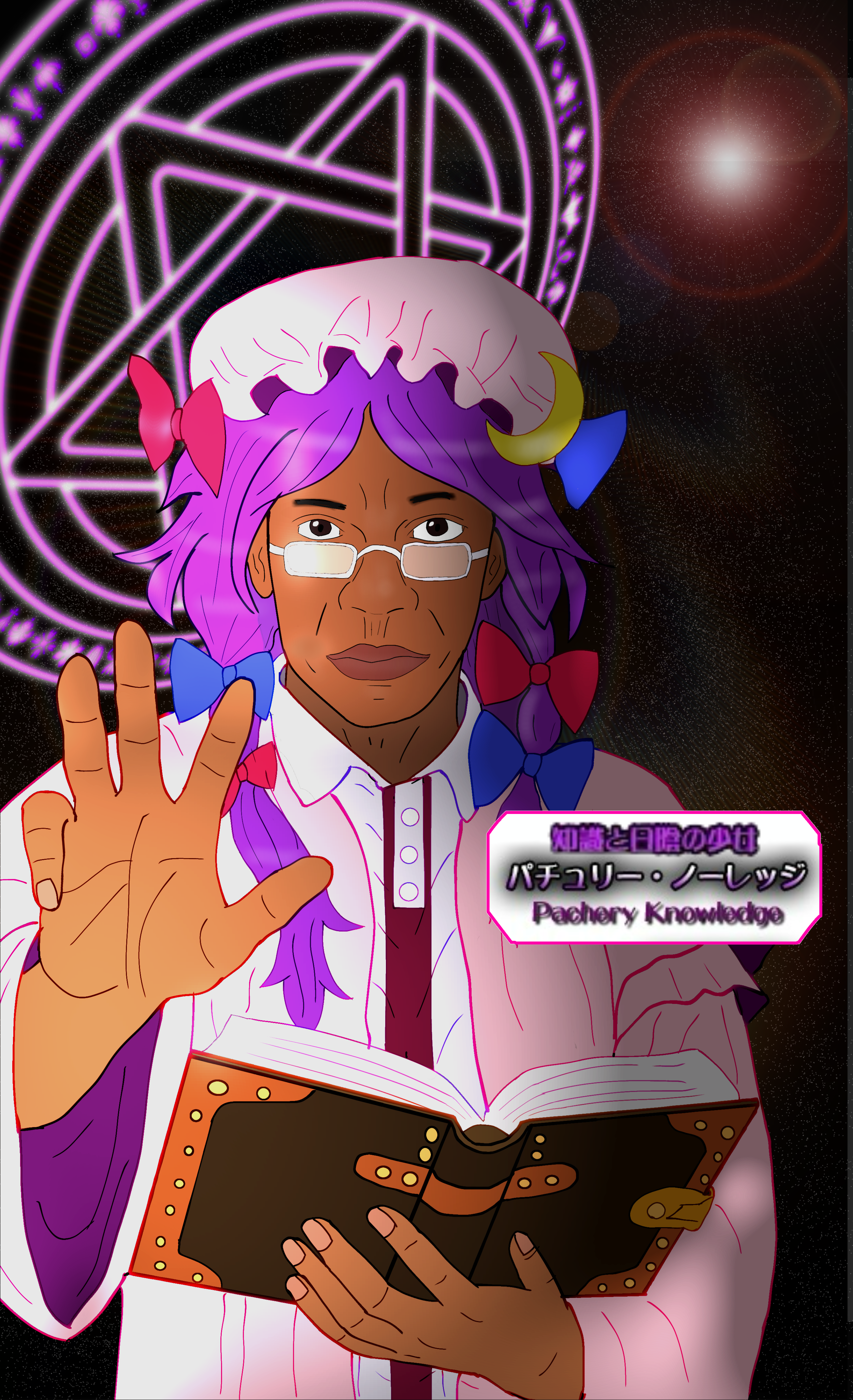 patchouli knowledge, touhou, absurdres, commentary request, highres, photo-referenced, 1boy, book, casting spell, cosplay, crescent, crescent hat ornament, dark-skinned male, dark skin, glasses, hat, hat ornament, holding, holding book, lens flare, long hair, male focus, mob cap, patchouli knowledge (cosplay), purple hair, saekigonzou, solo, upper body