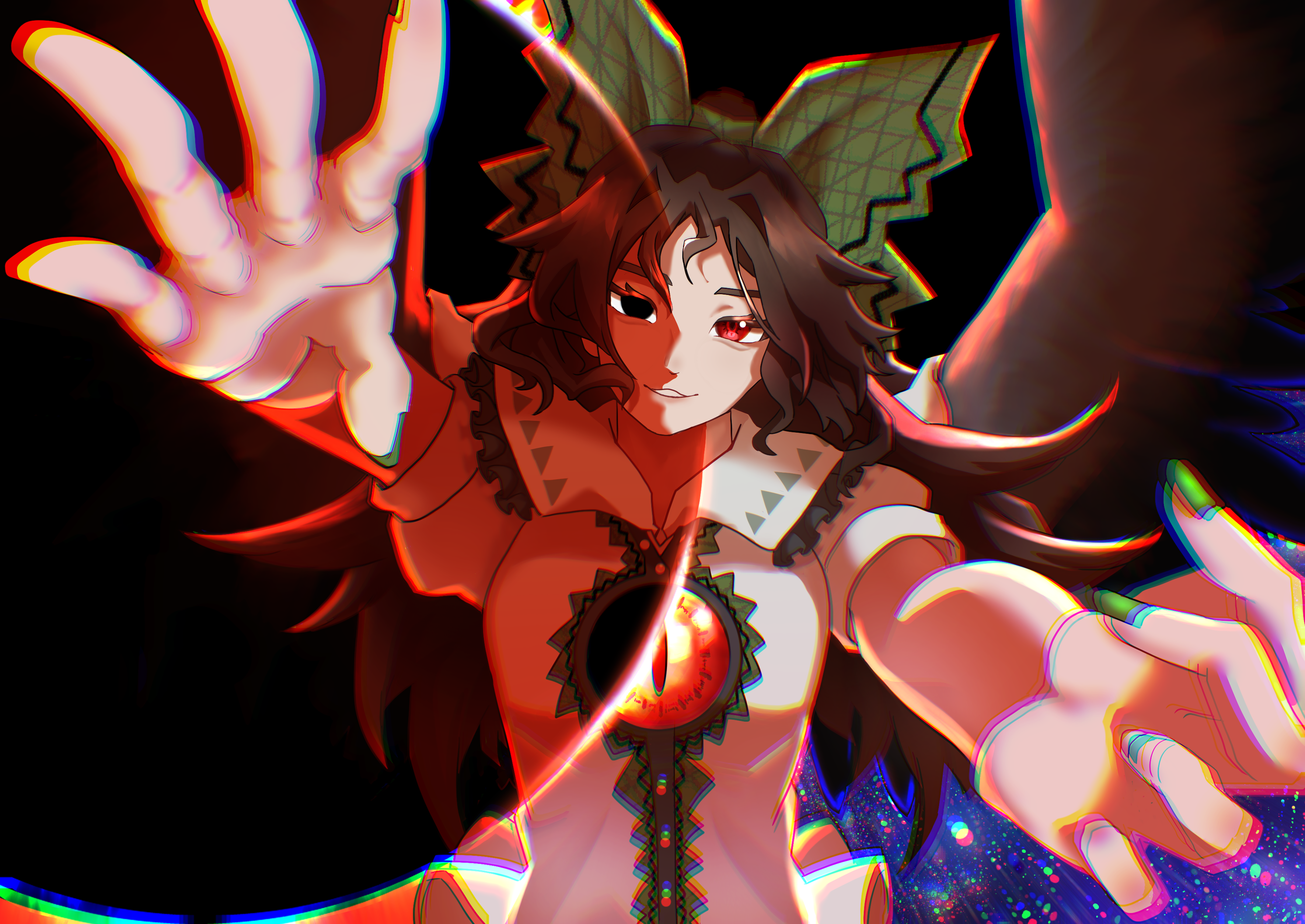 reiuji utsuho, touhou, absurdres, commentary request, highres, variant set, 1girl, bird wings, black eyes, black wings, bow, brown hair, chromatic aberration, green bow, green nails, hair bow, heterochromia, long hair, looking at viewer, parted lips, pinpoint 85, reaching, reaching towards viewer, red eyes, shirt, short sleeves, solo, third eye, upper body, white shirt, wings