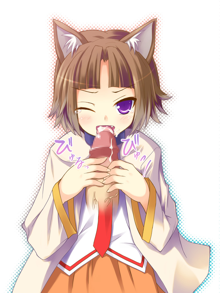 safi, inuwaka nazuna, aq interactive, arcana heart, arcana heart 2, atlus, examu, translation request, 1girl, animal ears, blush, brown hair, censored, cum, cum in mouth, disembodied penis, fang, fellatio, halftone, halftone background, jacket, loli, misono gakuen school uniform, necktie, open mouth, oral, penis, pov, purple eyes, school uniform, short hair, skirt, solo focus, tears, tongue, veins, wince