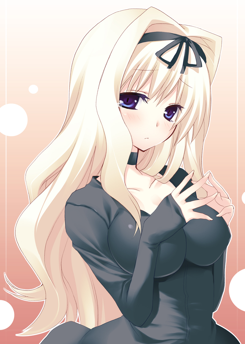 any (trueblue), kusugawa sasara, to heart (series), to heart 2, 00s, 1girl, blonde hair, blue eyes, blush, breasts, choker, collar, dress, embarrassed, female focus, hairband, impossible clothes, impossible dress, large breasts, long hair, solo, tears, very long hair