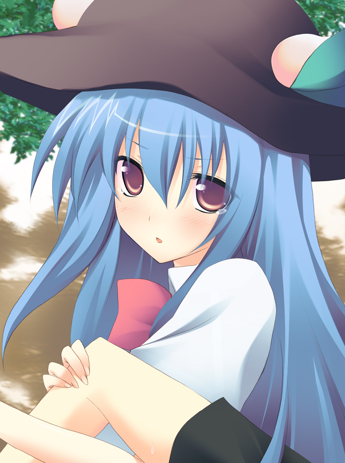 any (trueblue), hinanawi tenshi, touhou, 1girl, blue hair, female focus, food, fruit, hat, leaf, long hair, peach, solo, tears