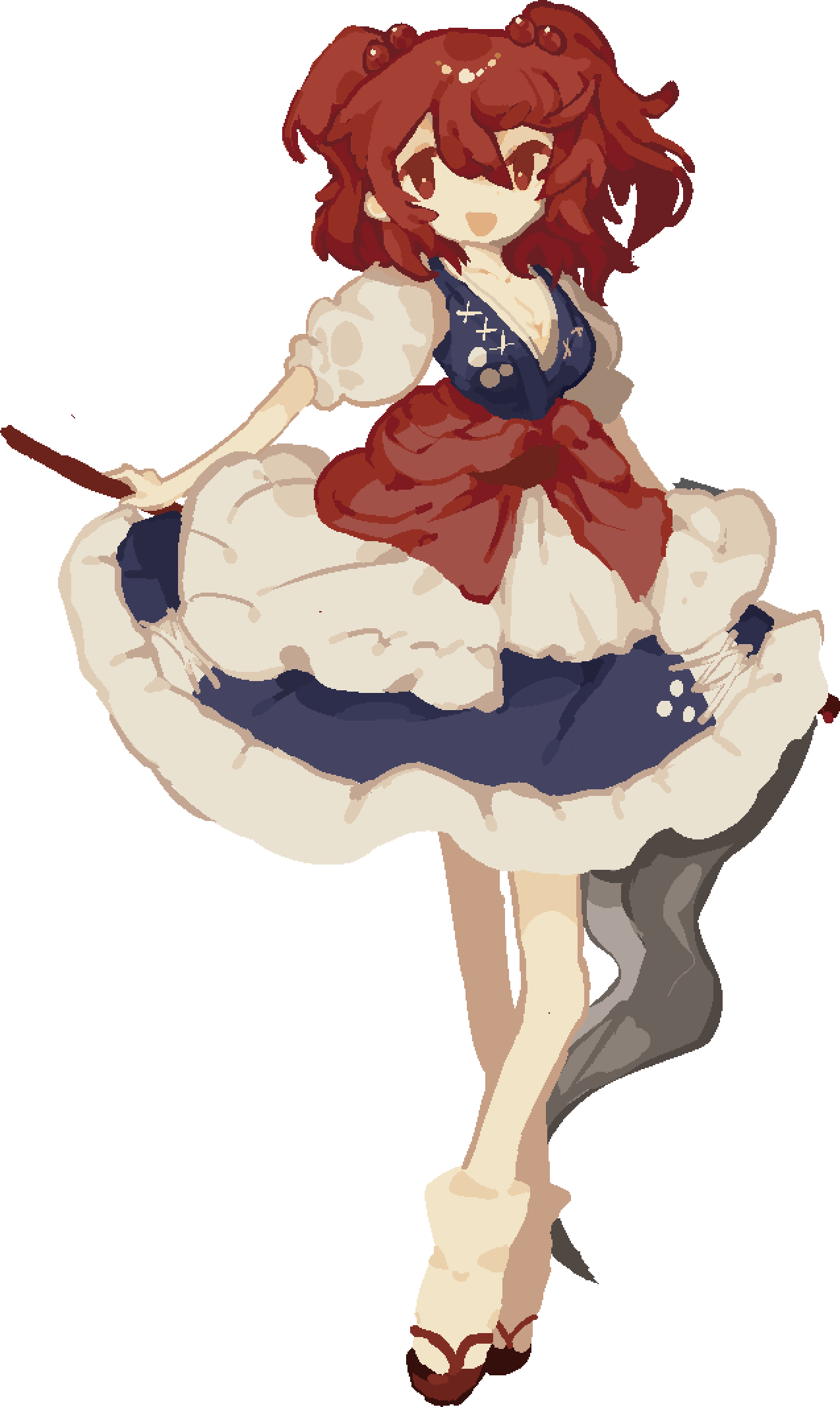 rrrssr, onozuka komachi, touhou, hashtag-only commentary, highres, 1girl, :d, blue dress, contrapposto, dress, full body, holding, holding scythe, looking at viewer, obi, open mouth, pixel art, red eyes, red hair, red shoes, sash, scythe, shoes, short hair, short sleeves, smile, socks, solo, transparent background, two side up, white socks