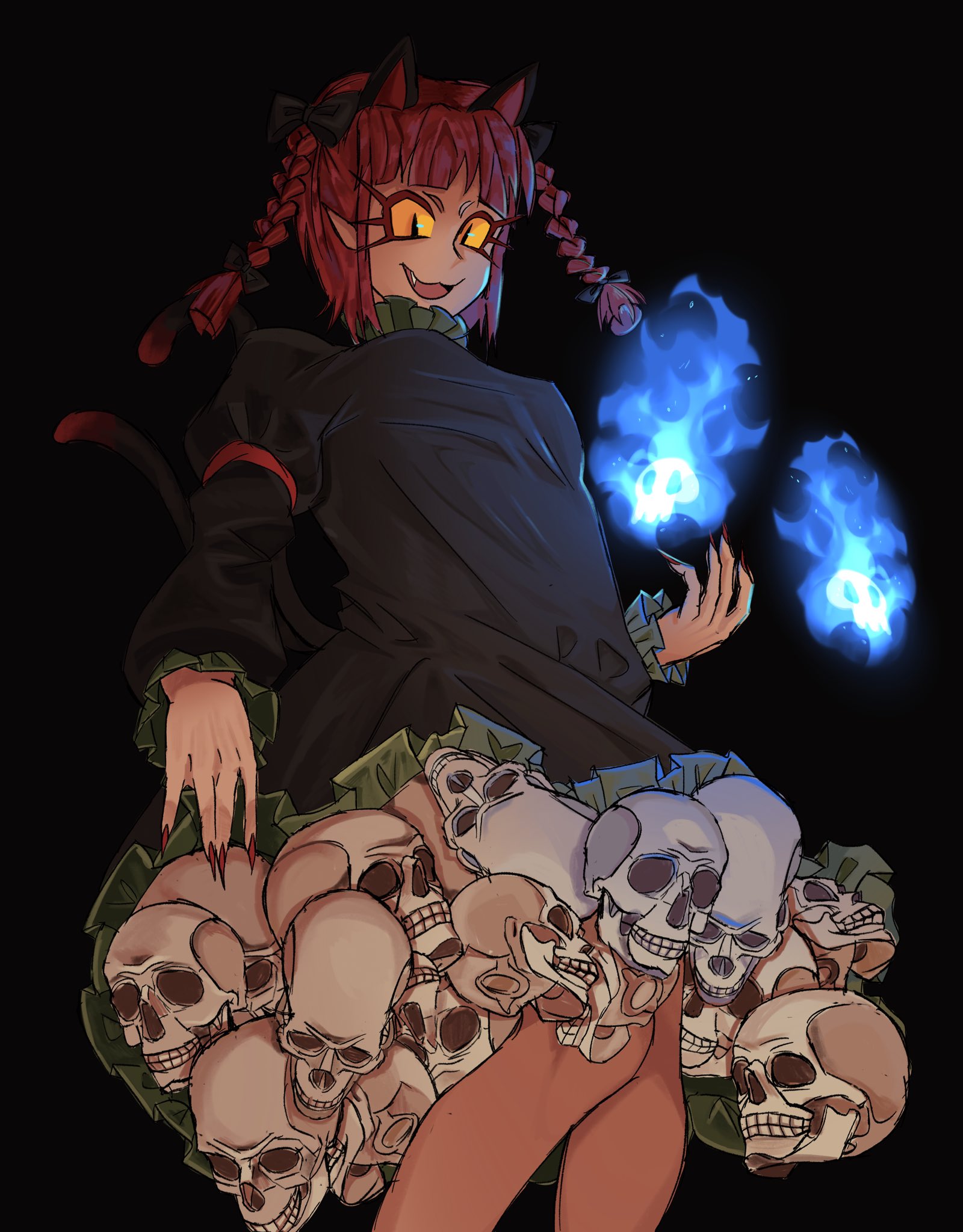 kaenbyou rin, touhou, commentary, english commentary, highres, 1girl, :3, black background, black dress, blunt bangs, braid, colored sclera, dress, extra ears, fang, fingernails, frilled dress, frills, hitodama, killmouskey, long eyelashes, long fingernails, looking at viewer, medium hair, open mouth, pointy ears, red hair, red nails, side braids, simple background, skull, slit pupils, smile, solo, twin braids, yellow sclera