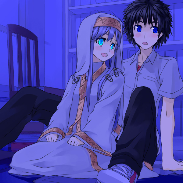 reki (tiny fin), index (toaru majutsu no index), kamijou touma, toaru majutsu no index, 00s, 1boy, 1girl, black hair, blue eyes, blue hair, couple, green eyes, hat, hetero, long hair, robe, safety pin