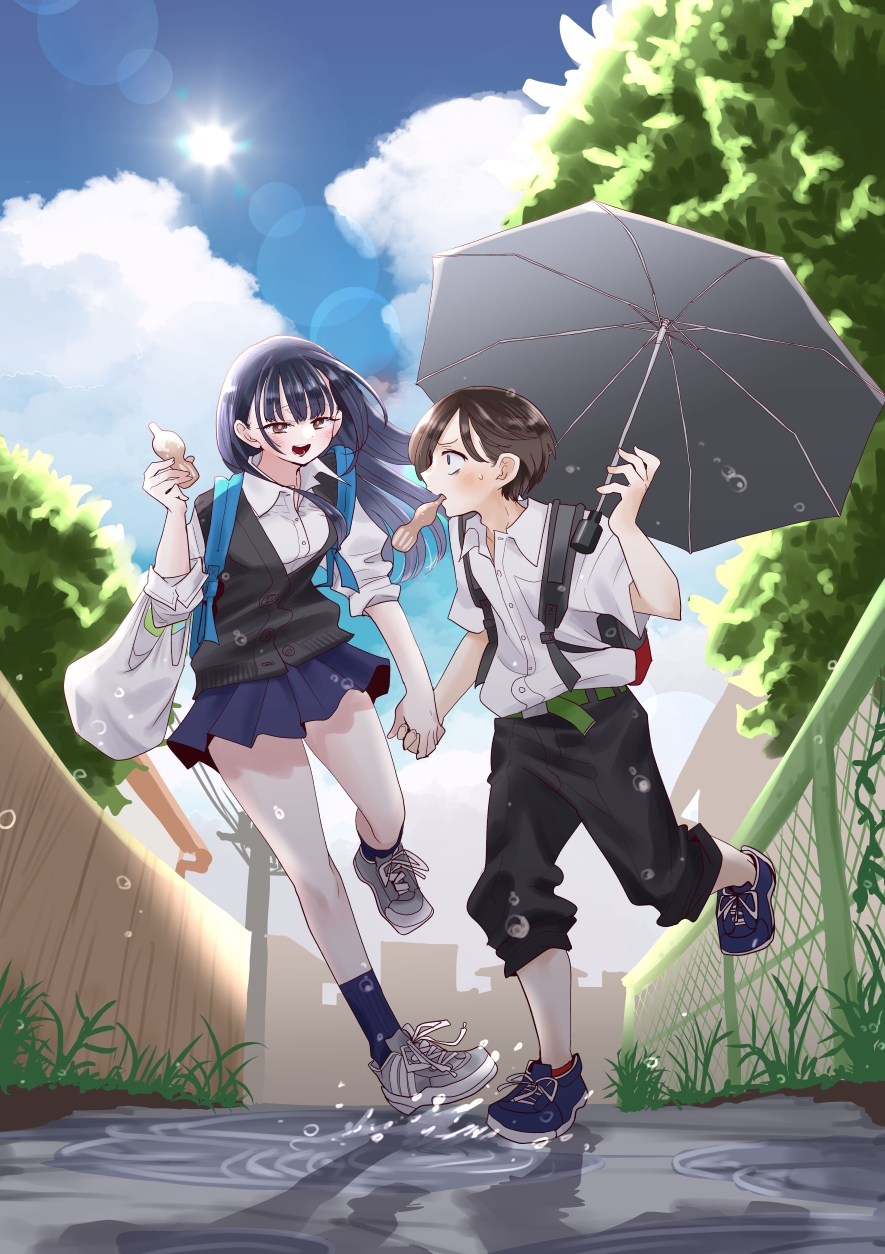 sakurai norio, yamada anna, boku no kokoro no yabai yatsu, highres, official art, second-party source, 1boy, bag, black hair, black pants, black sweater vest, blue shoes, blue skirt, blue socks, blush, brown eyes, chain-link fence, cloud, cloudy sky, collared shirt, fence, food, food in mouth, full body, hetero, holding, holding food, holding hands, ice cream, lens flare, long hair, looking at another, miniskirt, open mouth, outdoors, pants, pants rolled up, plastic bag, pleated skirt, profile, puddle, road, sanpaku, school uniform, shirt, shoes, short hair, skirt, sky, smile, sneakers, socks, standing, standing on one leg, summer uniform, sun, sweater vest, thighs, umbrella, white shirt, white shoes, wooden fence