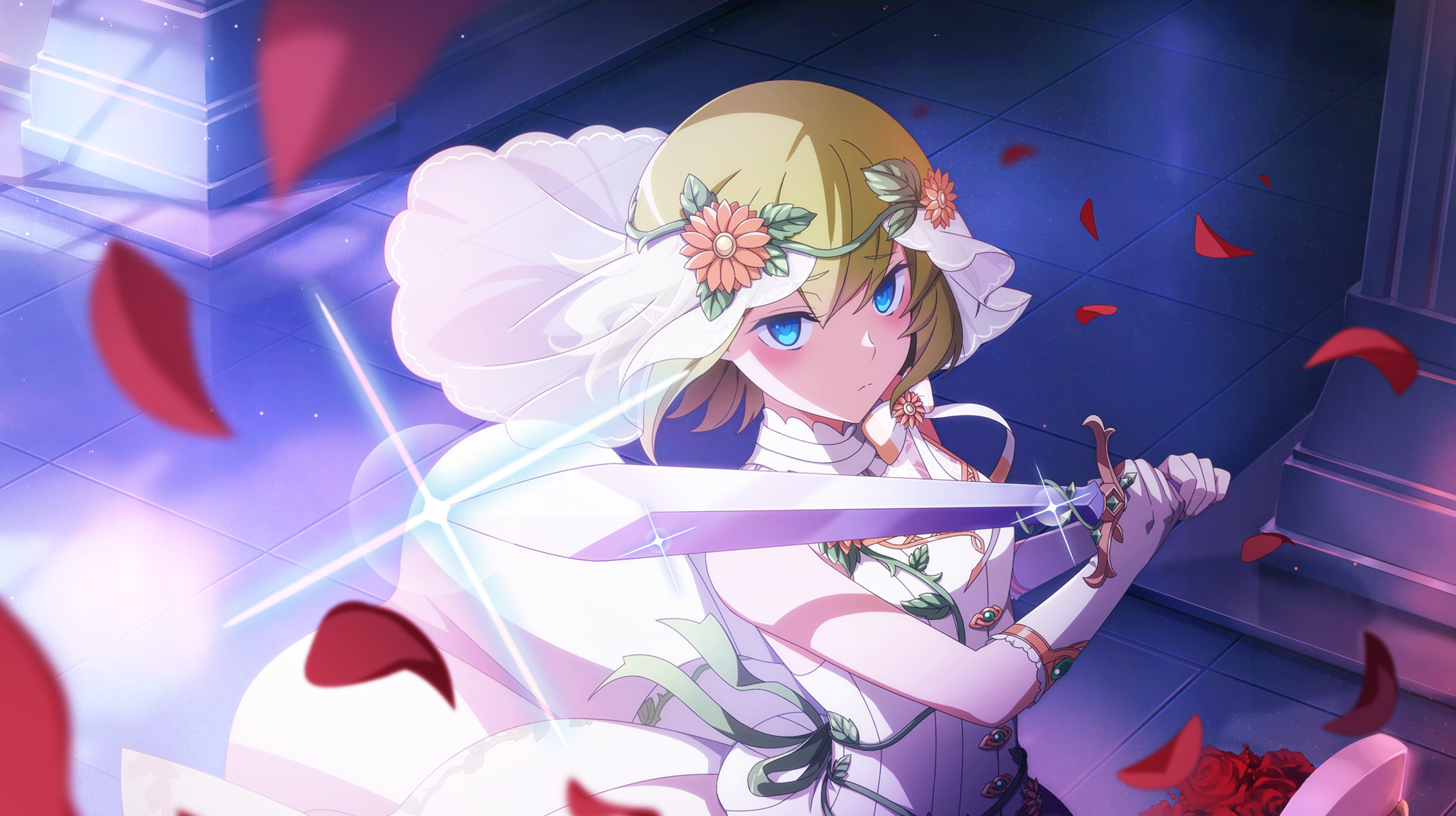 ryu lion, danmachi battle chronicle, dungeon ni deai wo motomeru no wa machigatteiru darou ka, game cg, highres, non-web source, official art, 1girl, anime coloring, blue eyes, breasts, bridal veil, closed mouth, dress, elf, falling petals, flower, gem, gloves, green gemstone, green hair, hair flower, hair ornament, holding, holding sword, holding weapon, indoors, looking at viewer, nontraditional wedding dress, official alternate costume, petals, pointing melee weapon, pointing sword, pointy ears, red flower, red petals, red rose, rose, see-through clothes, see-through veil, short hair, sleeveless, sleeveless dress, small breasts, solo, sword, two-handed, veil, weapon, wedding dress, white dress, white gloves, white veil, yandere